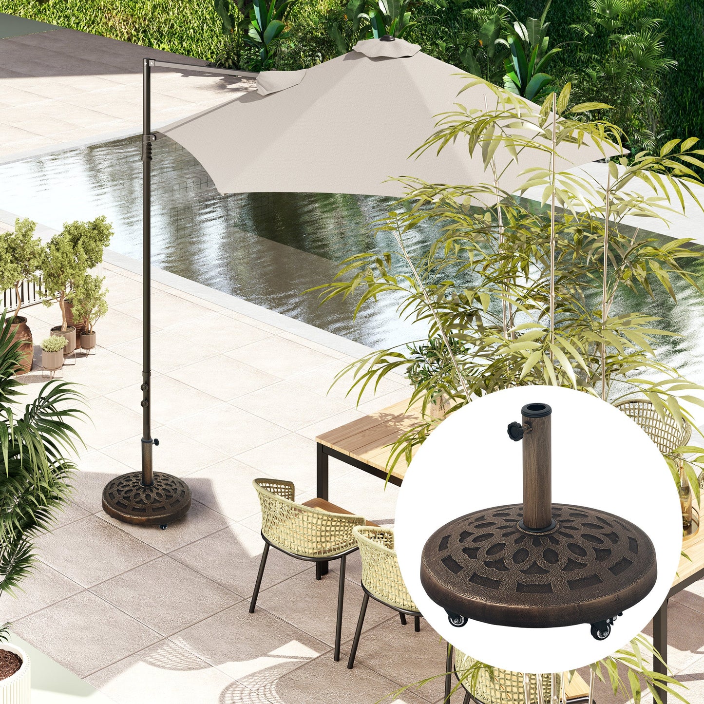 Round Patio Umbrella Base with Wheels, 46lbs Resin Umbrella Stand Base, Heavy Duty Patio Umbrella Holder for 1.3"/1.5"/1.9" Poles for Outdoor, Lawn, Poolside, Bronze