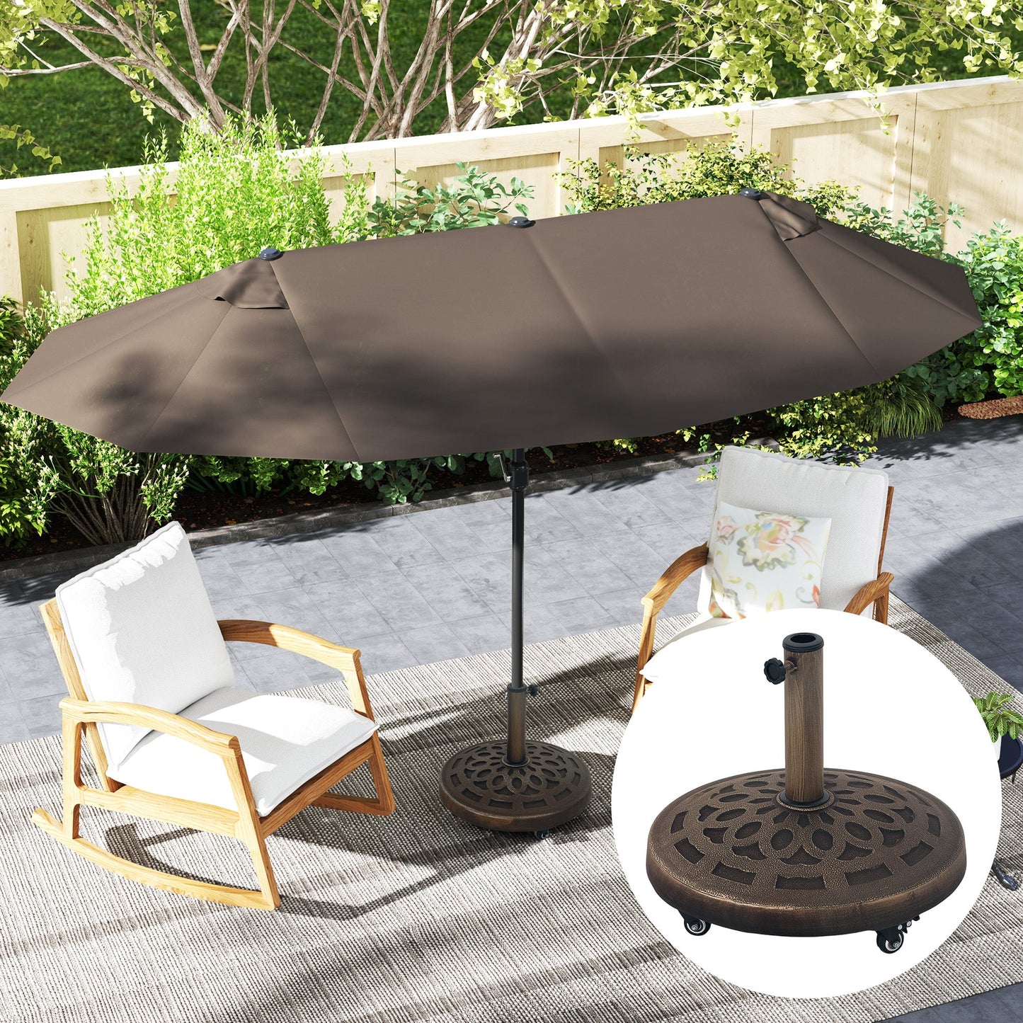 Round Patio Umbrella Base with Wheels, 46lbs Resin Umbrella Stand Base, Heavy Duty Patio Umbrella Holder for 1.3"/1.5"/1.9" Poles for Outdoor, Lawn, Poolside, Bronze