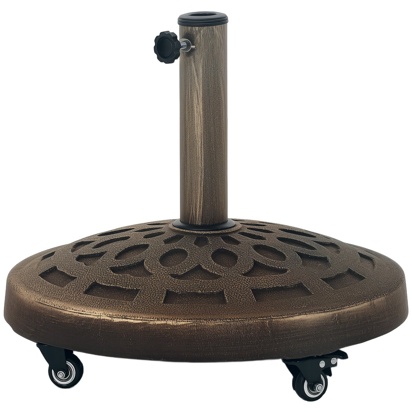 Round Patio Umbrella Base with Wheels, 46lbs Resin Umbrella Stand Base, Heavy Duty Patio Umbrella Holder for 1.3"/1.5"/1.9" Poles for Outdoor, Lawn, Poolside, Bronze
