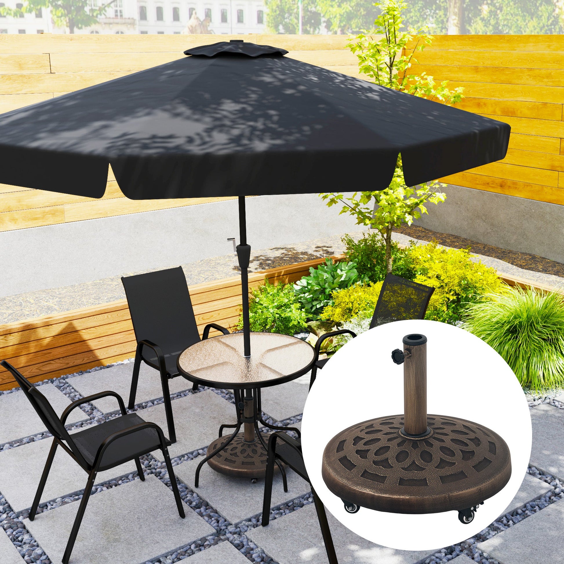Round Patio Umbrella Base with Wheels, 46lbs Resin Umbrella Stand Base, Heavy Duty Patio Umbrella Holder for 1.3"/1.5"/1.9" Poles for Outdoor, Lawn, Poolside, Bronze