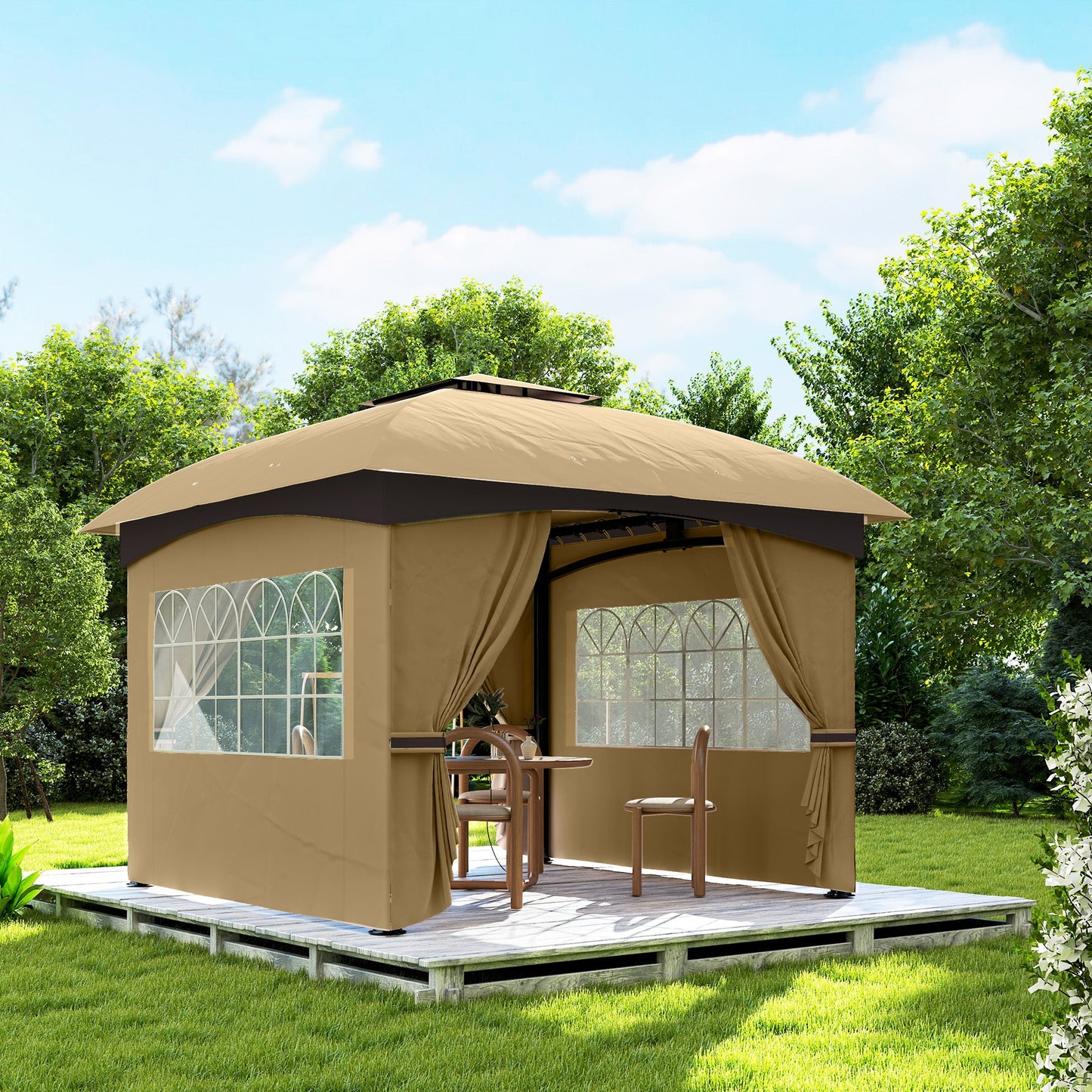 11' x 11' Outdoor Gazebo, Double Roof Patio Gazebo Canopy Shelter, UV Protected, with Curtains, Church Windows, Galvanised Steel Frame for Lawn, Backyard and Deck, Beige