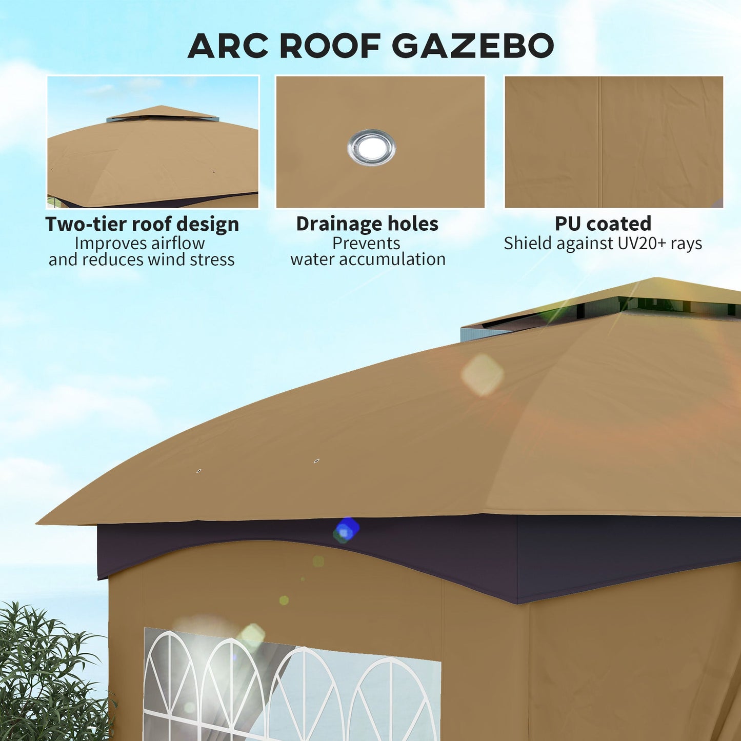  11' x 11' Outdoor Gazebo, Double Roof Patio Gazebo Canopy Shelter, UV Protected, with Curtains, Church Windows, Galvanised Steel Frame for Lawn, Backyard and Deck, Beige