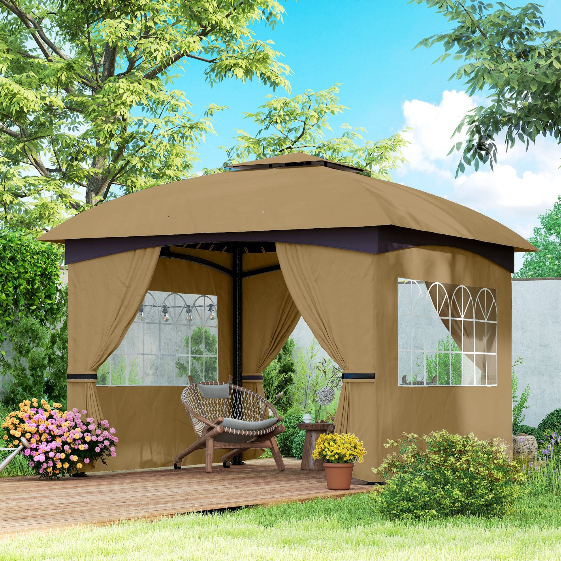  11' x 11' Outdoor Gazebo, Double Roof Patio Gazebo Canopy Shelter, UV Protected, with Curtains, Church Windows, Galvanised Steel Frame for Lawn, Backyard and Deck, Beige
