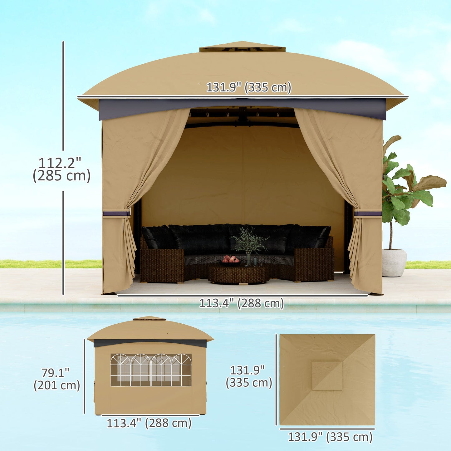  11' x 11' Outdoor Gazebo, Double Roof Patio Gazebo Canopy Shelter, UV Protected, with Curtains, Church Windows, Galvanised Steel Frame for Lawn, Backyard and Deck, Beige