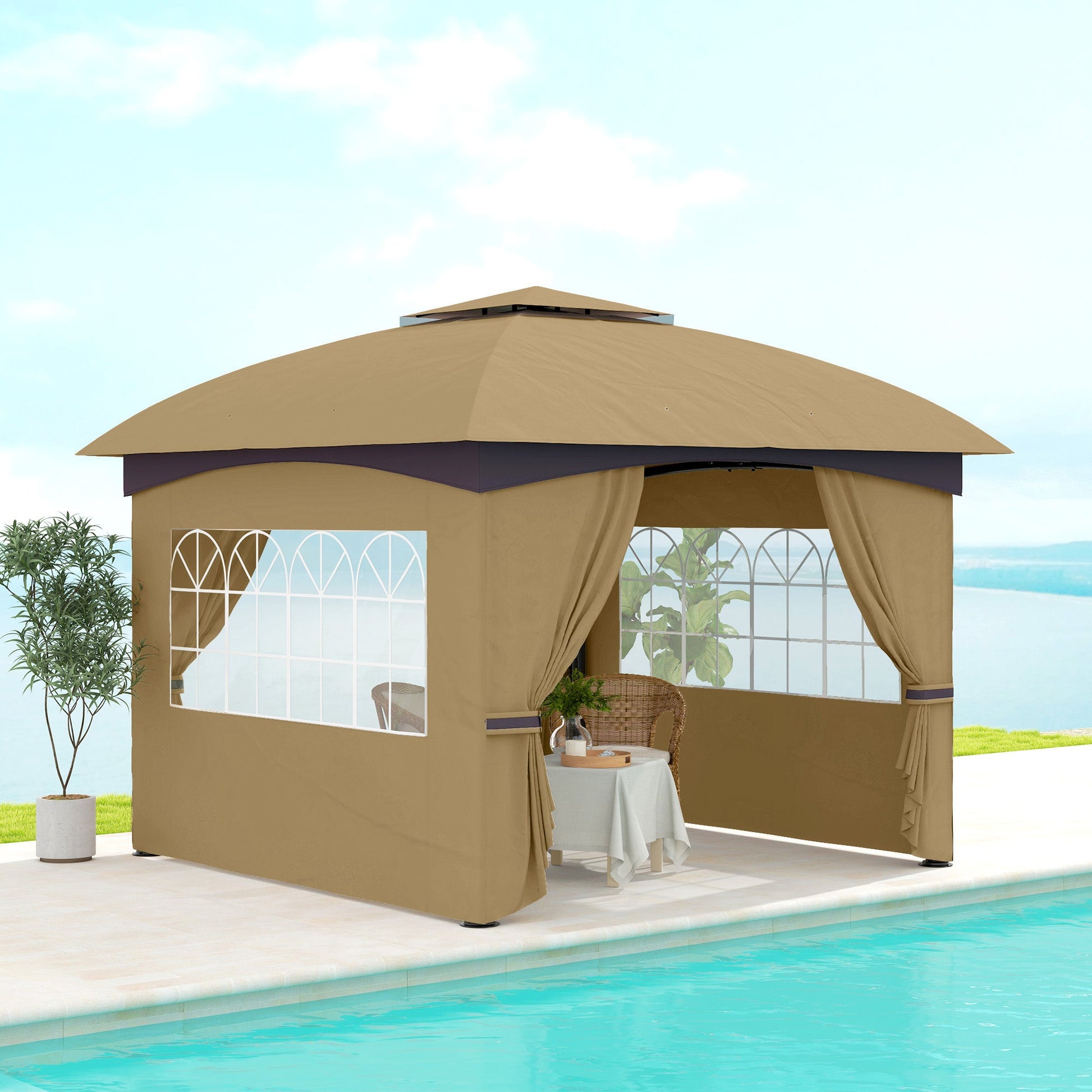 11' x 11' Outdoor Gazebo, Double Roof Patio Gazebo Canopy Shelter, UV Protected, with Curtains, Church Windows, Galvanised Steel Frame for Lawn, Backyard and Deck, Beige
