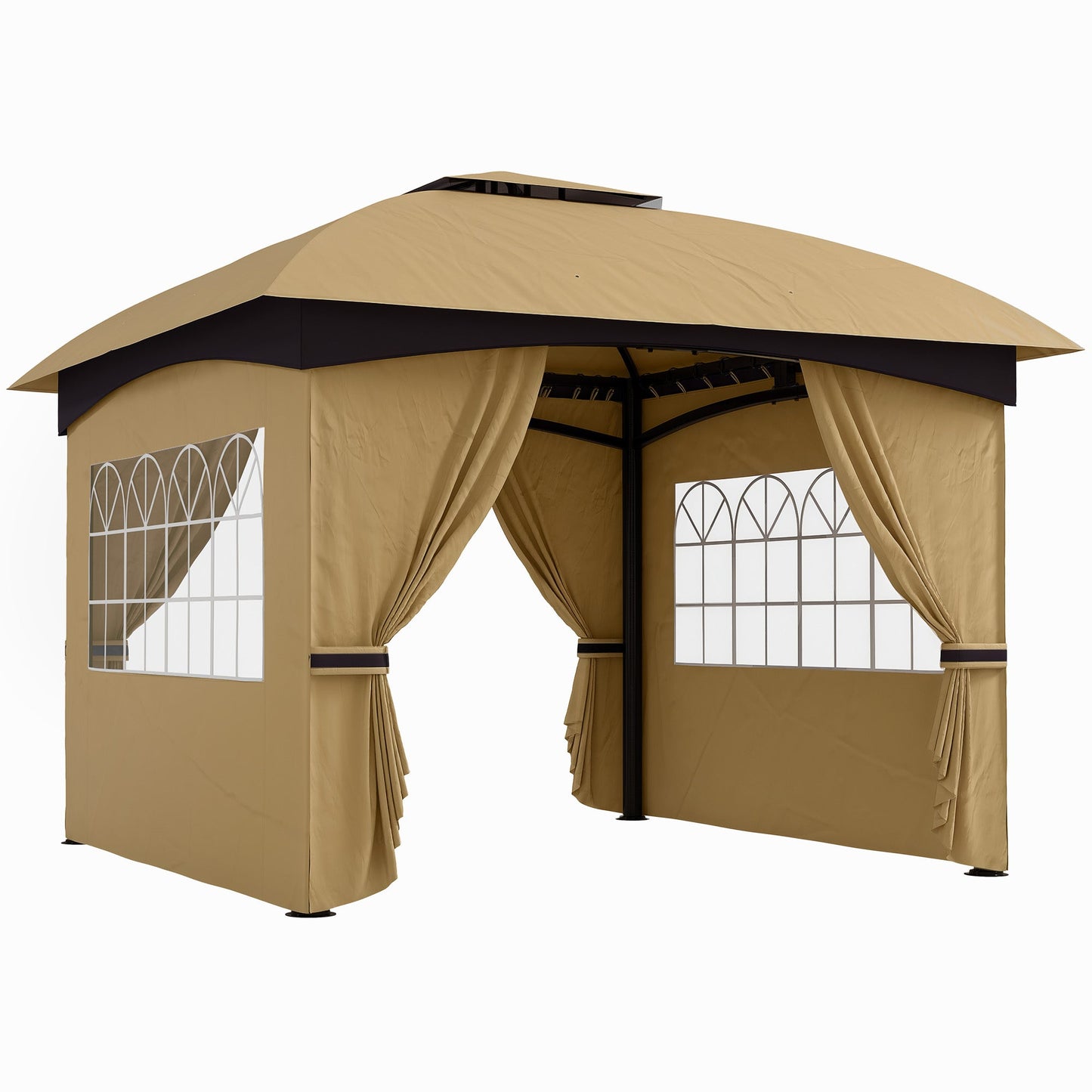  11' x 11' Outdoor Gazebo, Double Roof Patio Gazebo Canopy Shelter, UV Protected, with Curtains, Church Windows, Galvanised Steel Frame for Lawn, Backyard and Deck, Beige