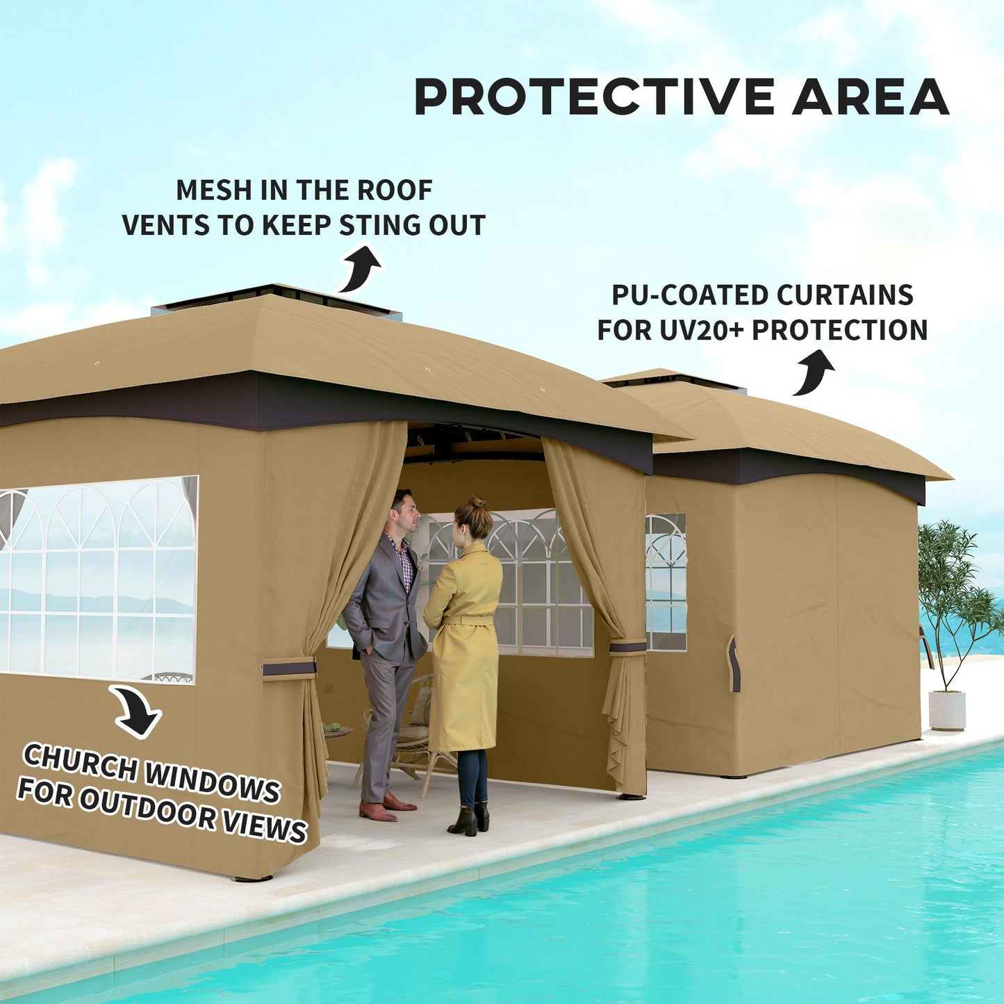  11' x 11' Outdoor Gazebo, Double Roof Patio Gazebo Canopy Shelter, UV Protected, with Curtains, Church Windows, Galvanised Steel Frame for Lawn, Backyard and Deck, Beige
