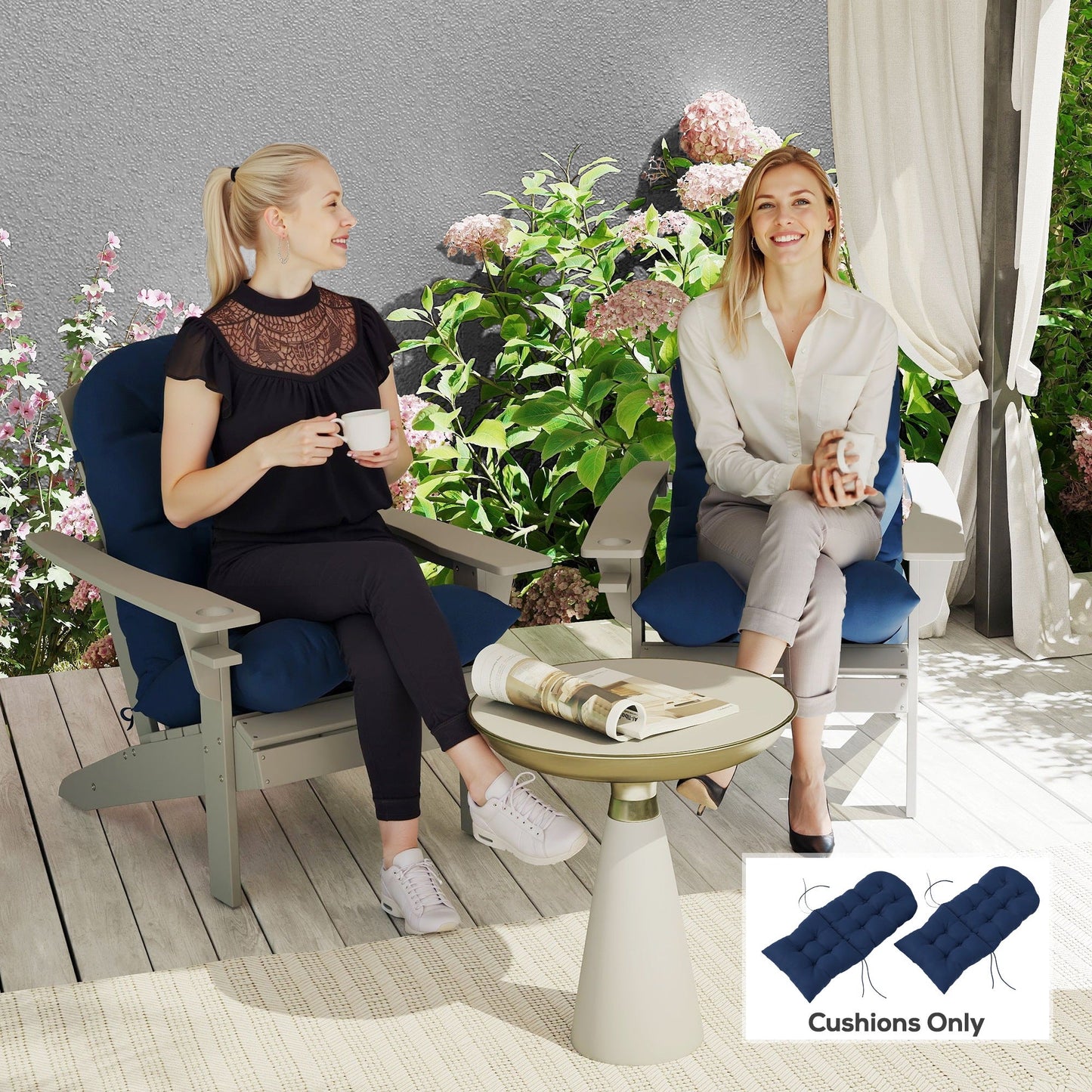 Adirondack Chair Cushions Set of 2, Tufted Lawn Chair Cushions, High Back Patio Chair Cushions with Ties, Non-Slip Muskoka Chair Cushions, Navy Blue