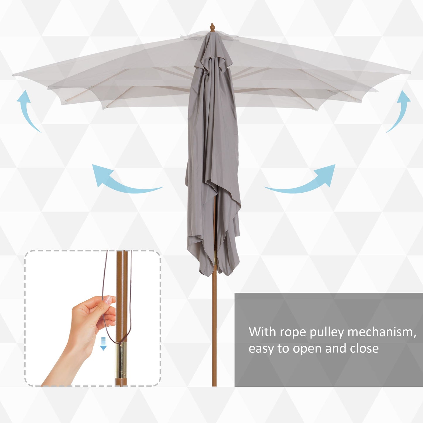 7' x 10' Wooden Patio Umbrella, Rectangular Garden Parasol, Market Table Umbrella with Top Vent, Grey