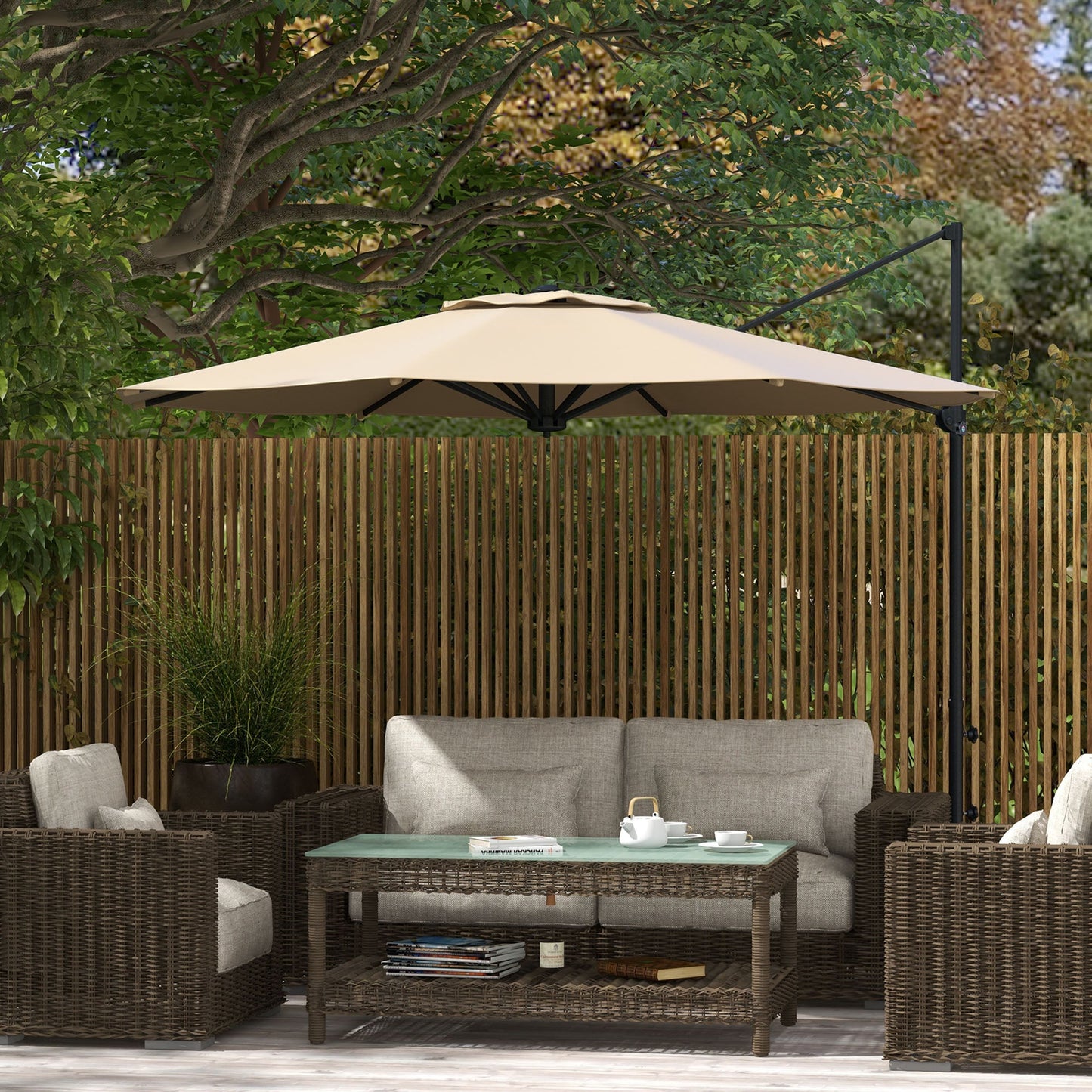 10 FT Cantilever Patio Umbrella, Round Hanging Offset Umbrella with 360°Rotation, Crank, Tilt, Cross Base, 8 Ribs, Air Vent, Outdoor Umbrella for Garden, Backyard, Khaki