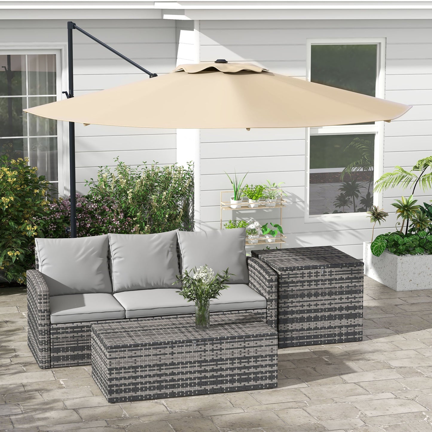 10 FT Cantilever Patio Umbrella, Round Hanging Offset Umbrella with 360°Rotation, Crank, Tilt, Cross Base, 8 Ribs, Air Vent, Outdoor Umbrella for Garden, Backyard, Khaki