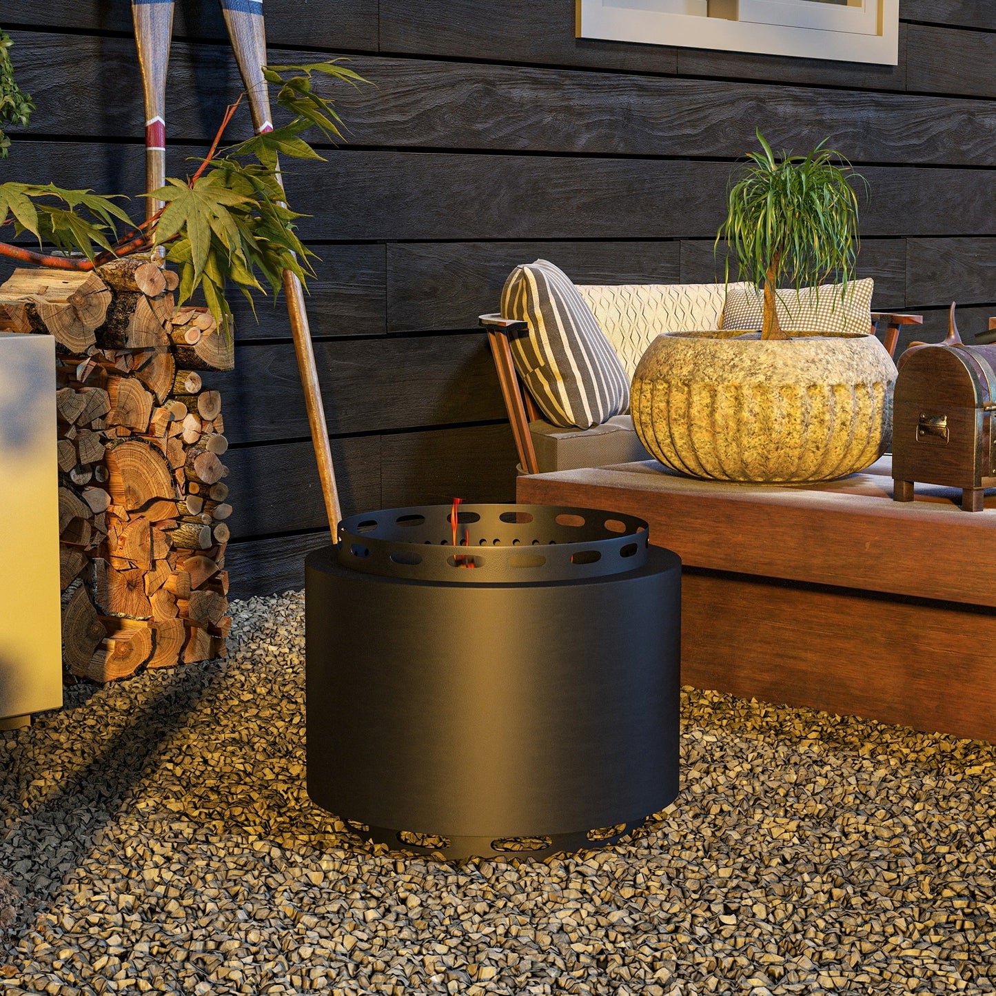Smokeless Fire Pit, 19" Portable Wood Burning Firepit with Poker for Garden Camping Bonfire Party, Metal, Black