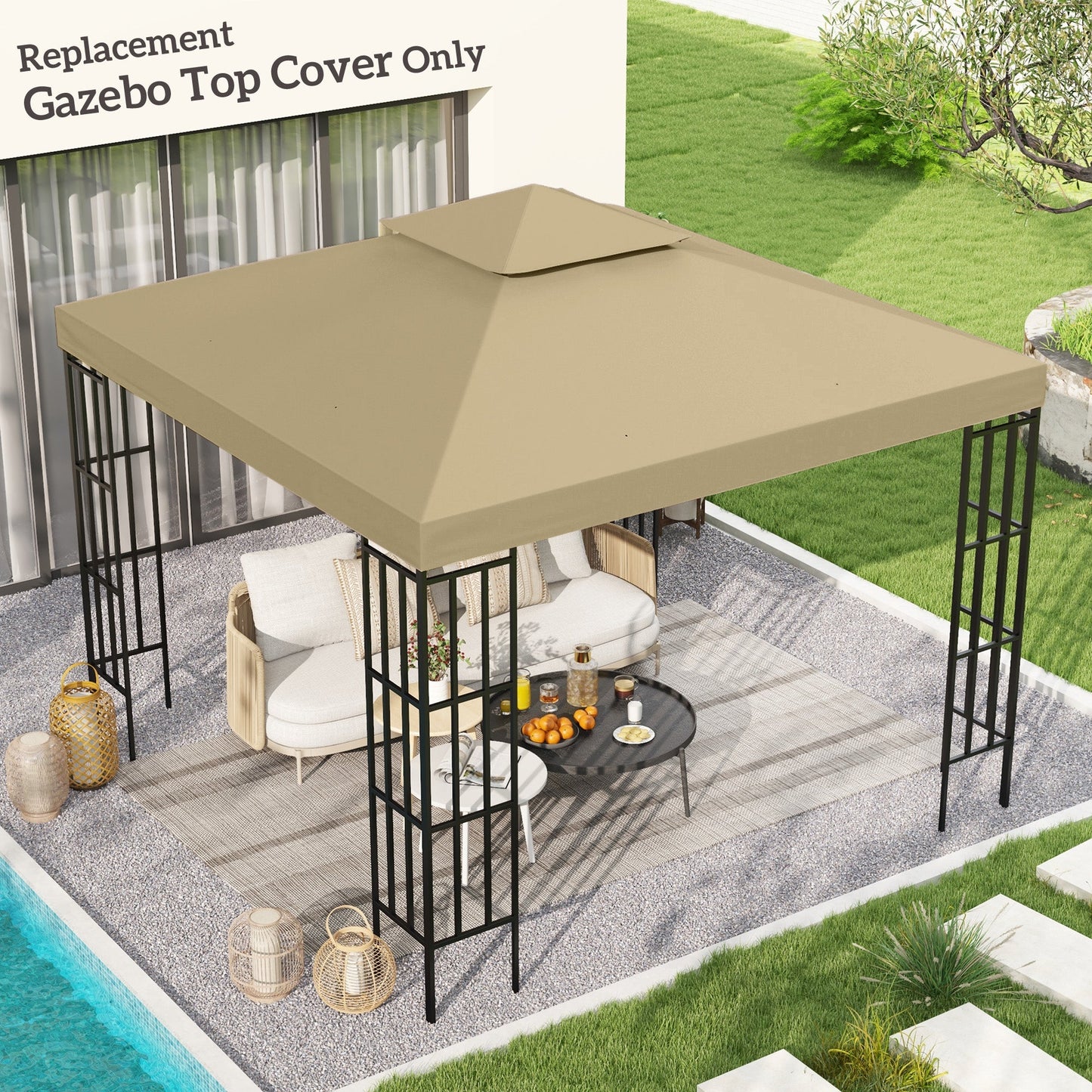 9.8' x 9.8' Square 2-Tier Gazebo Canopy Replacement Top Cover Outdoor Garden Sun Shade, Beige