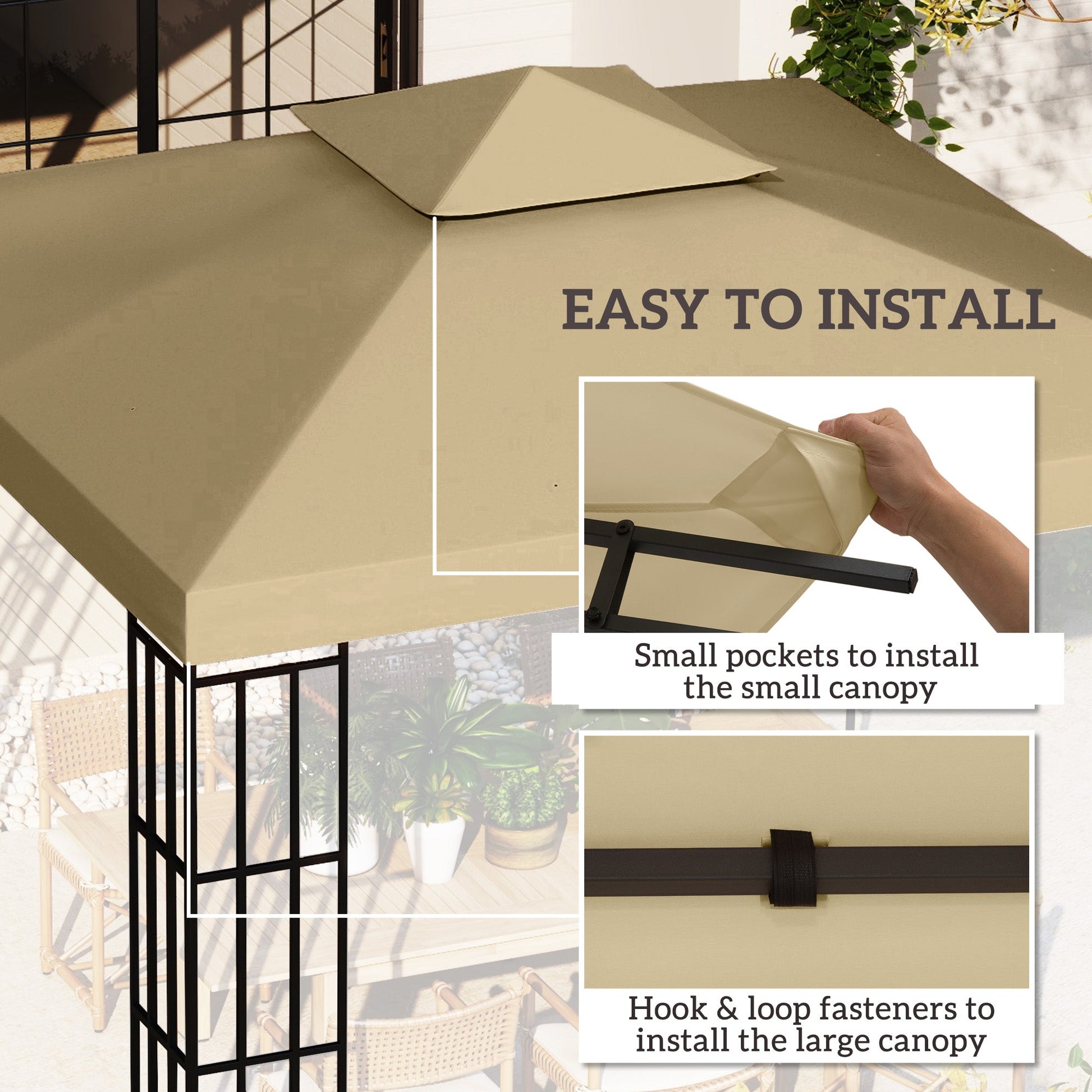 9.8' x 9.8' Square 2-Tier Gazebo Canopy Replacement Top Cover Outdoor Garden Sun Shade, Beige