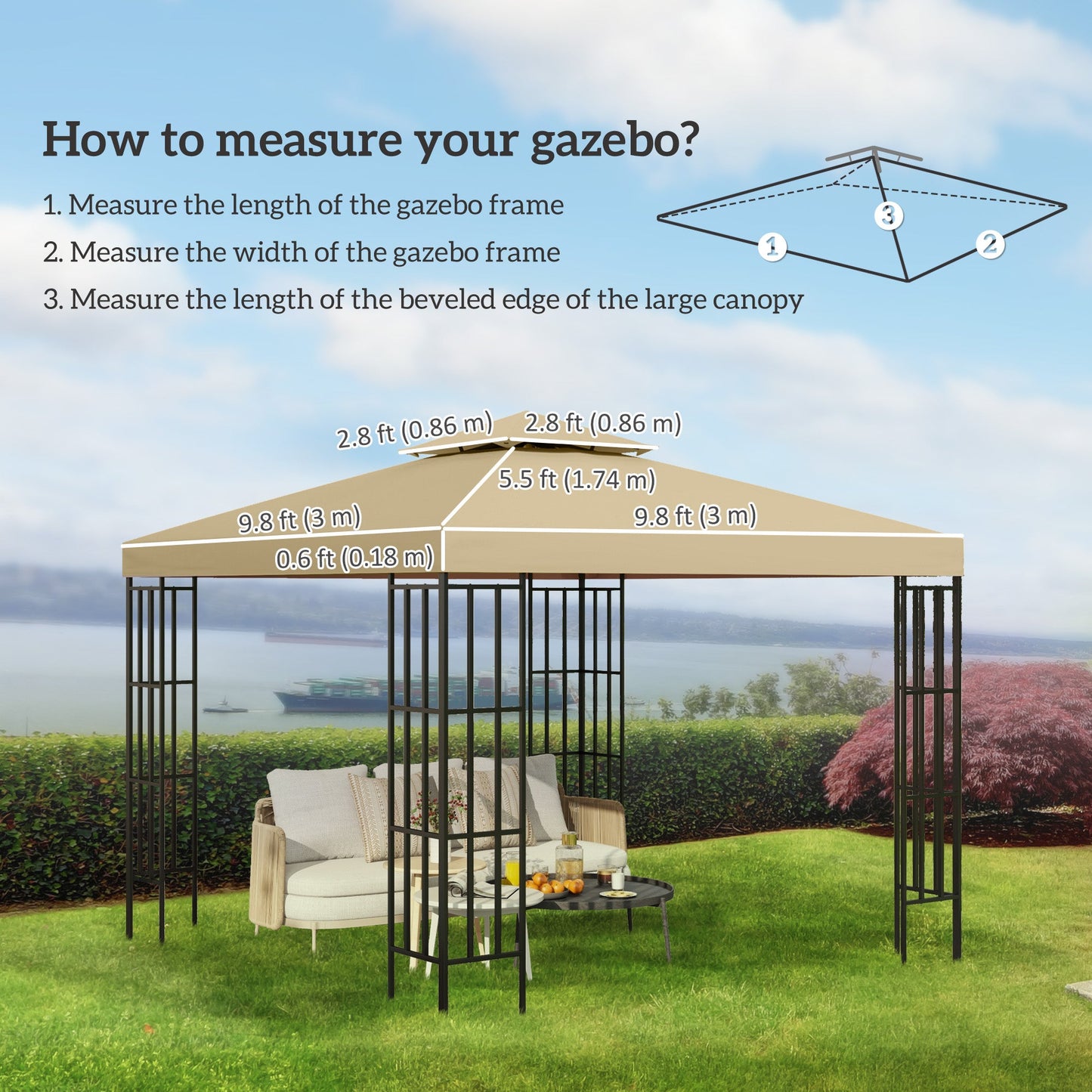 9.8' x 9.8' Square 2-Tier Gazebo Canopy Replacement Top Cover Outdoor Garden Sun Shade, Beige