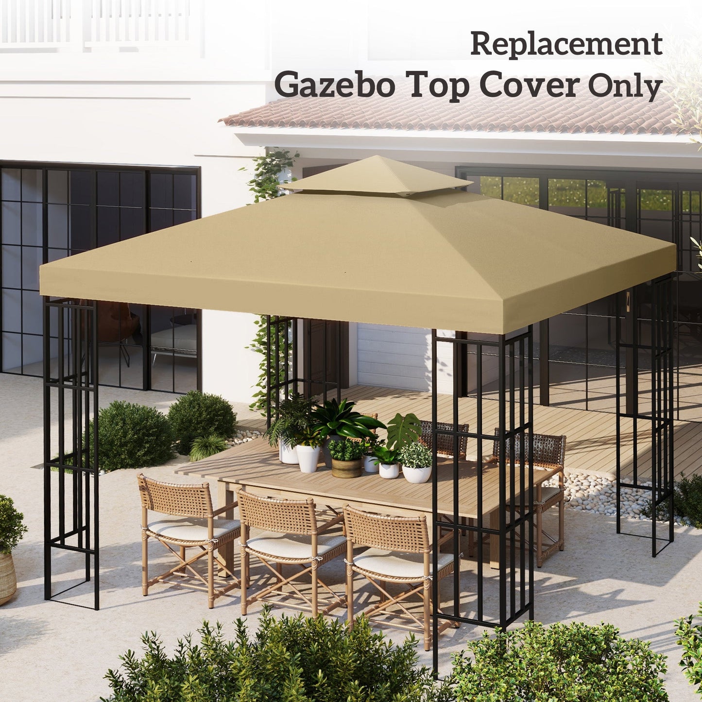 9.8' x 9.8' Square 2-Tier Gazebo Canopy Replacement Top Cover Outdoor Garden Sun Shade, Beige
