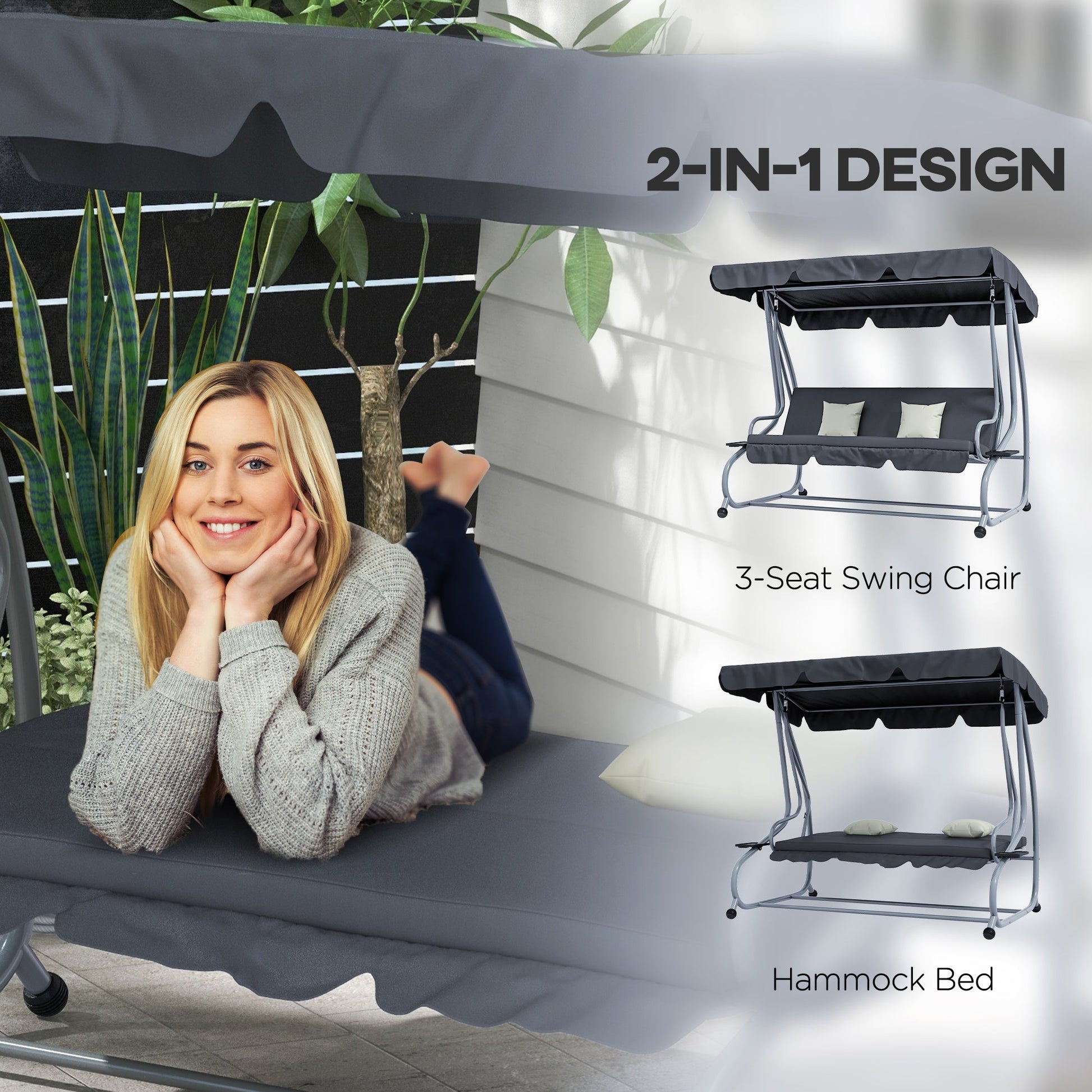 3-Seat Outdoor Patio Swing Chair, Converting Flat Bed, Canopy Swing with Adjustable Shade, Removable Cushions, Cup Holder, Dark Grey