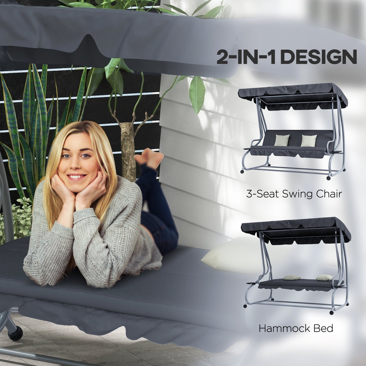 3-Seat Outdoor Patio Swing Chair, Converting Flat Bed, Canopy Swing with Adjustable Shade, Removable Cushions, Cup Holder, Dark Grey