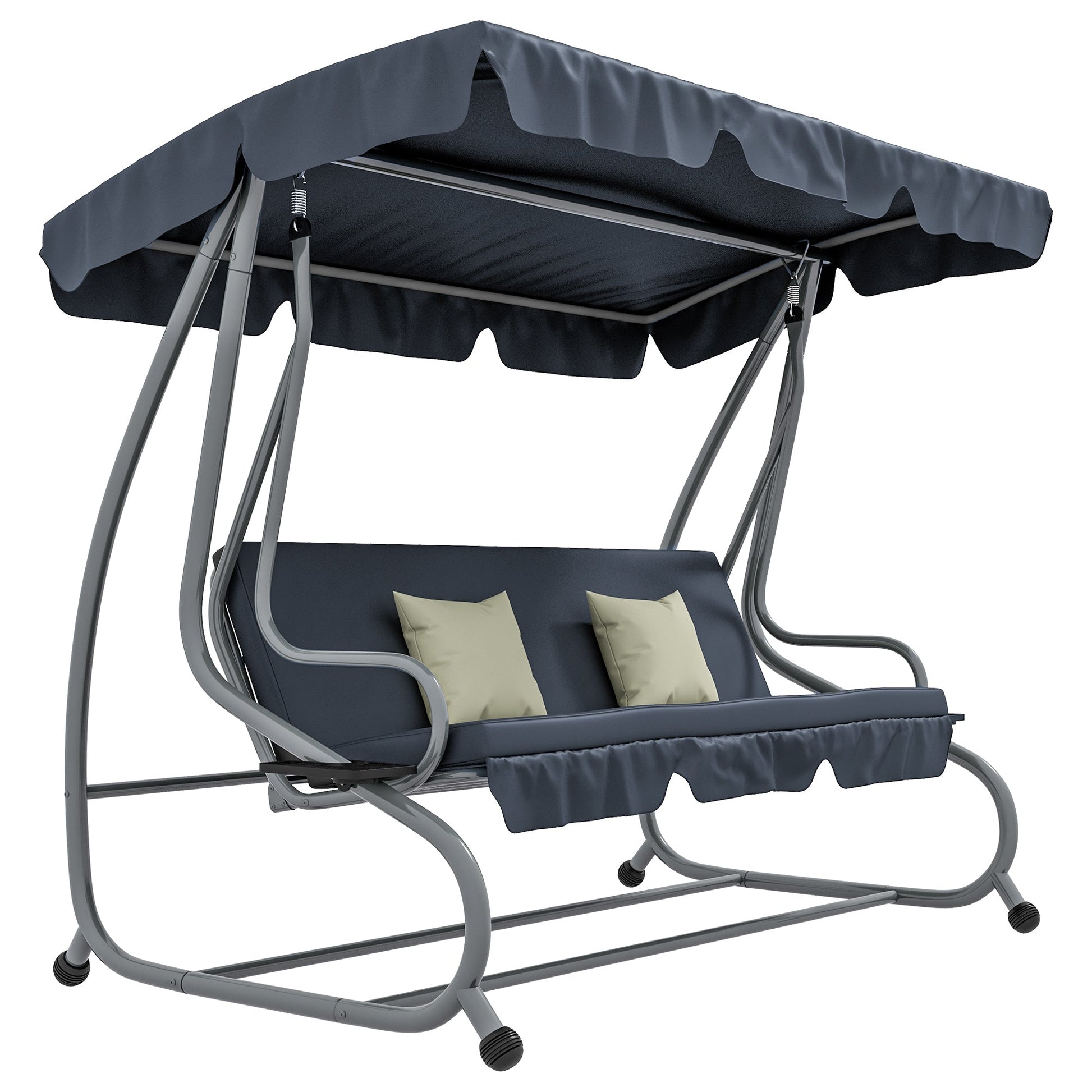 3-Seat Outdoor Patio Swing Chair, Converting Flat Bed, Canopy Swing with Adjustable Shade, Removable Cushions, Cup Holder, Dark Grey