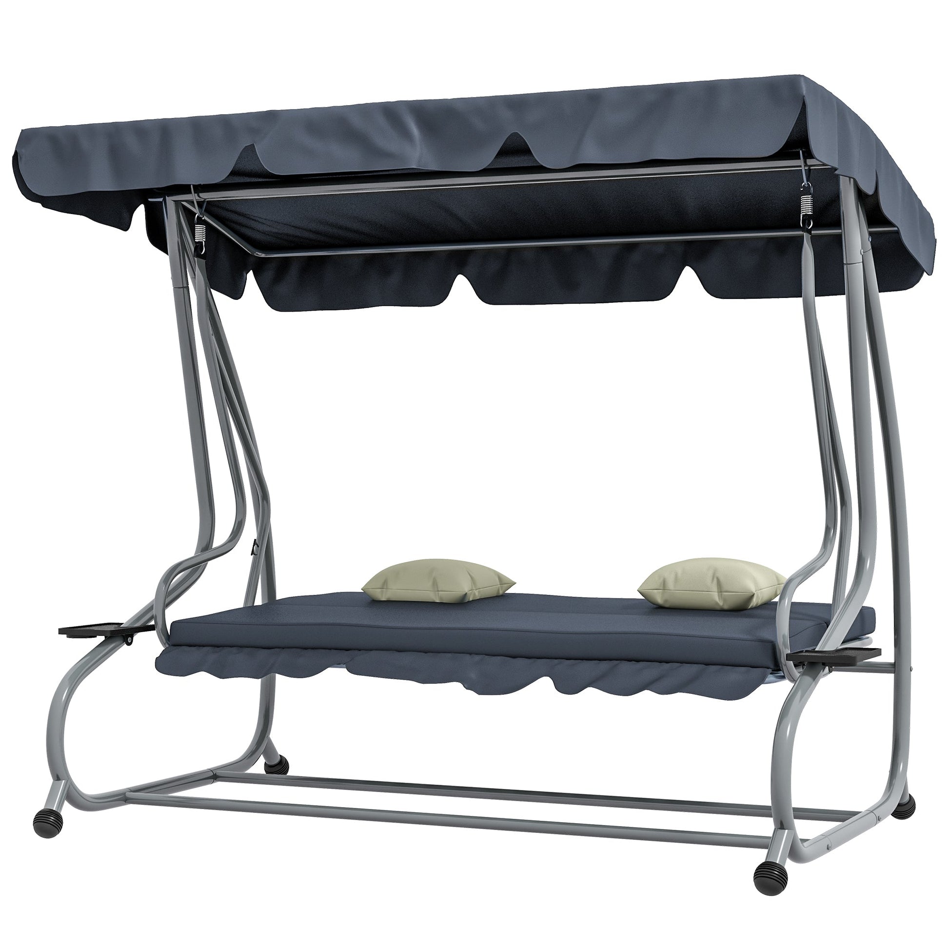3-Seat Outdoor Patio Swing Chair, Converting Flat Bed, Canopy Swing with Adjustable Shade, Removable Cushions, Cup Holder, Dark Grey