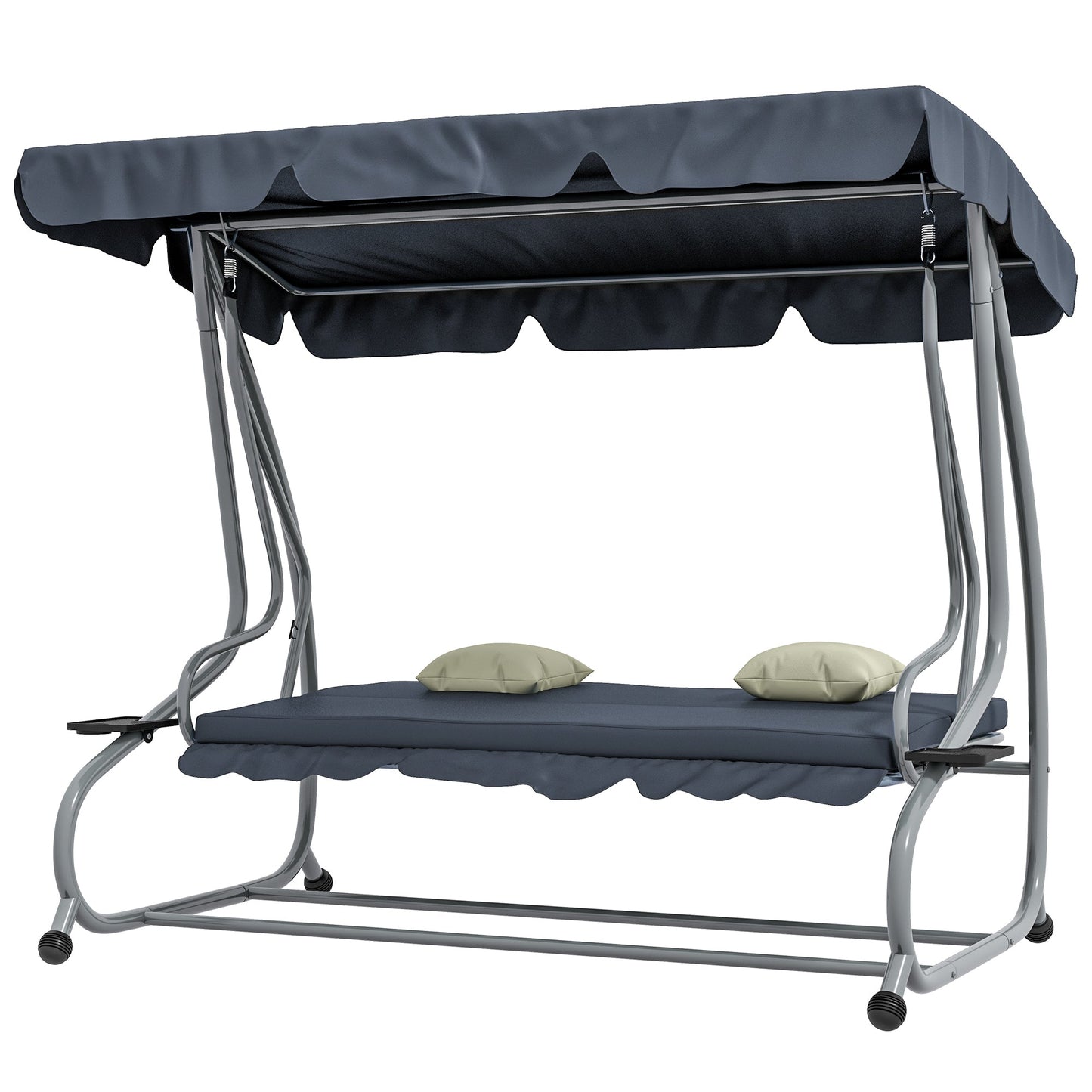 3-Seat Outdoor Patio Swing Chair, Converting Flat Bed, Canopy Swing with Adjustable Shade, Removable Cushions, Cup Holder, Dark Grey