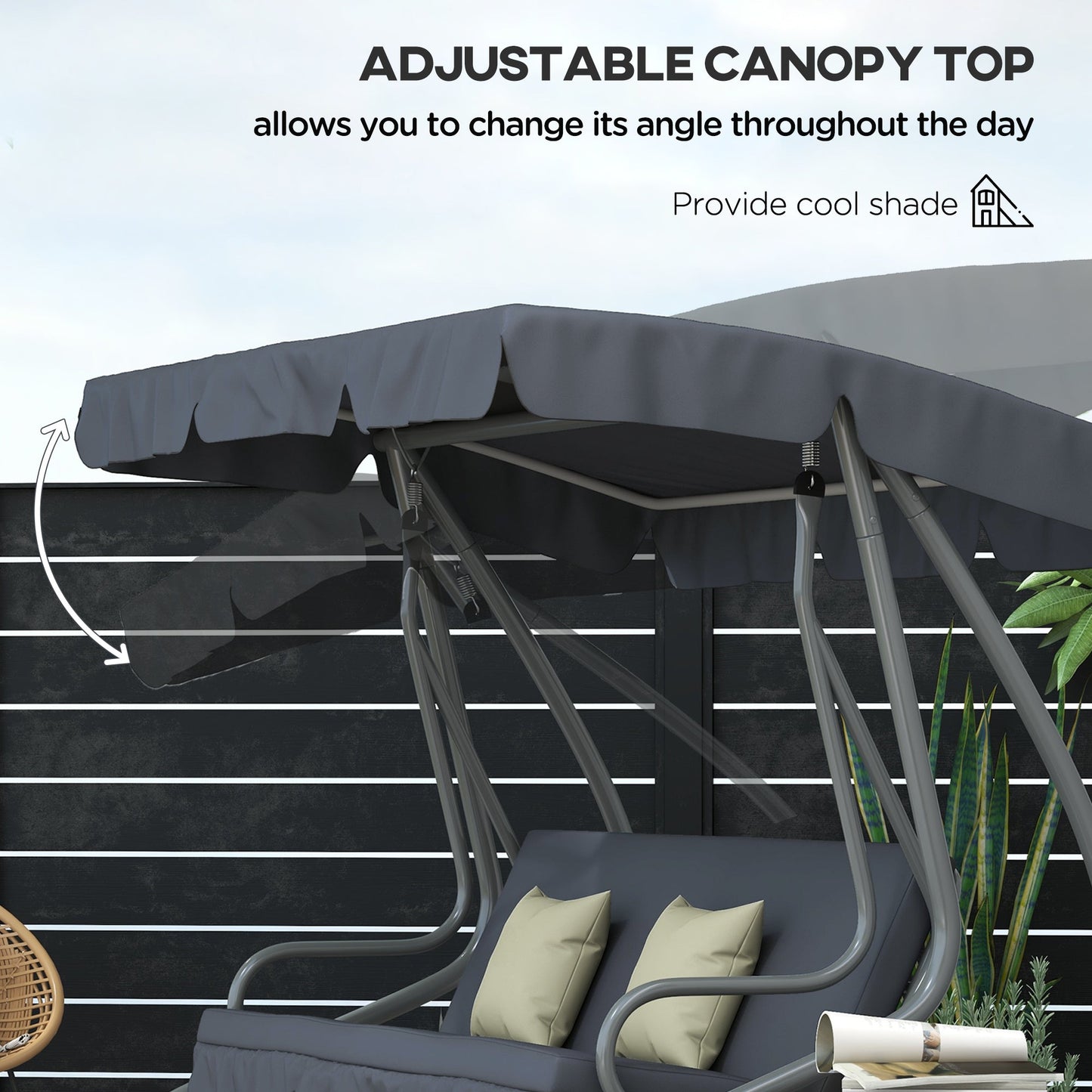 3-Seat Outdoor Patio Swing Chair, Converting Flat Bed, Canopy Swing with Adjustable Shade, Removable Cushions, Cup Holder, Dark Grey