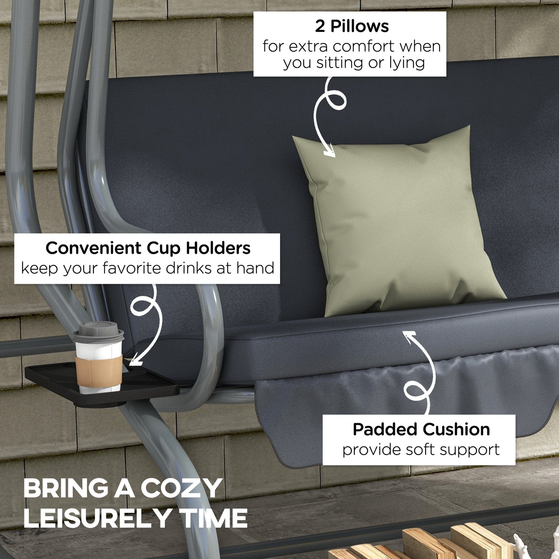3-Seat Outdoor Patio Swing Chair, Converting Flat Bed, Canopy Swing with Adjustable Shade, Removable Cushions, Cup Holder, Dark Grey
