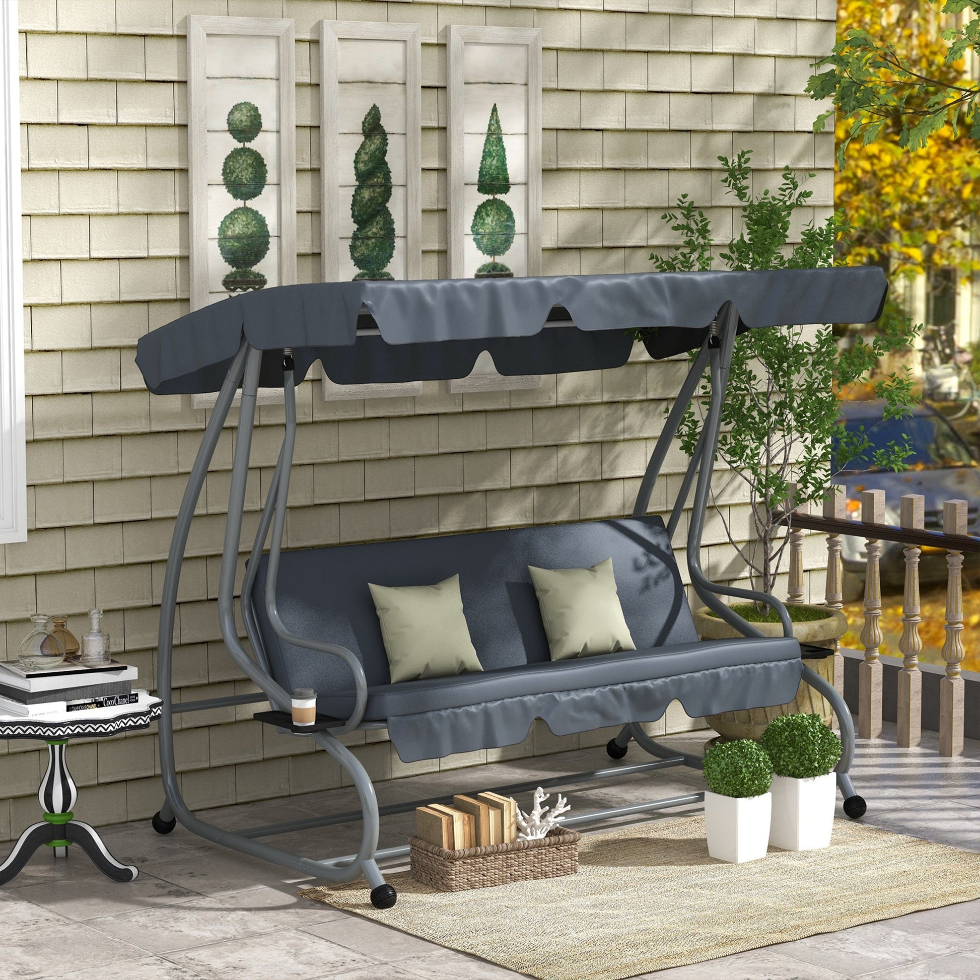 3-Seat Outdoor Patio Swing Chair, Converting Flat Bed, Canopy Swing with Adjustable Shade, Removable Cushions, Cup Holder, Dark Grey