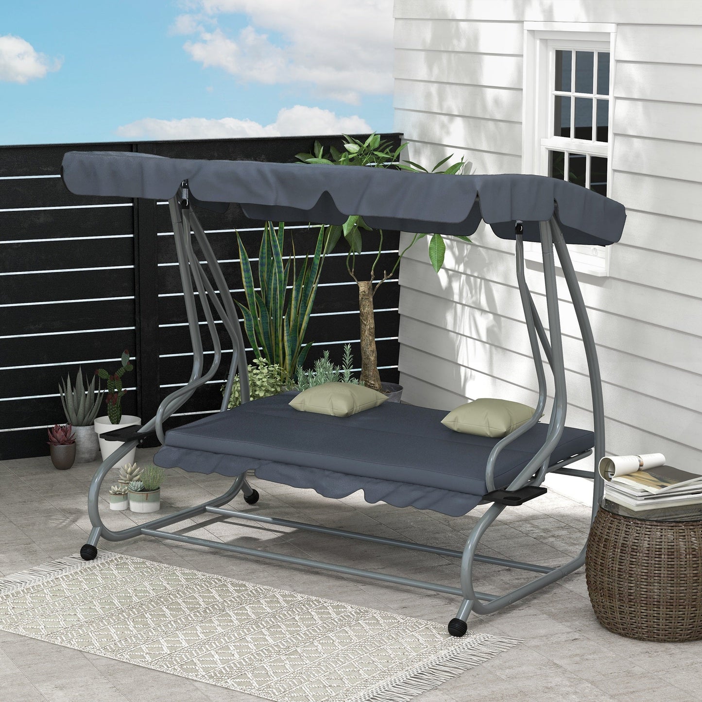 3-Seat Outdoor Patio Swing Chair, Converting Flat Bed, Canopy Swing with Adjustable Shade, Removable Cushions, Cup Holder, Dark Grey