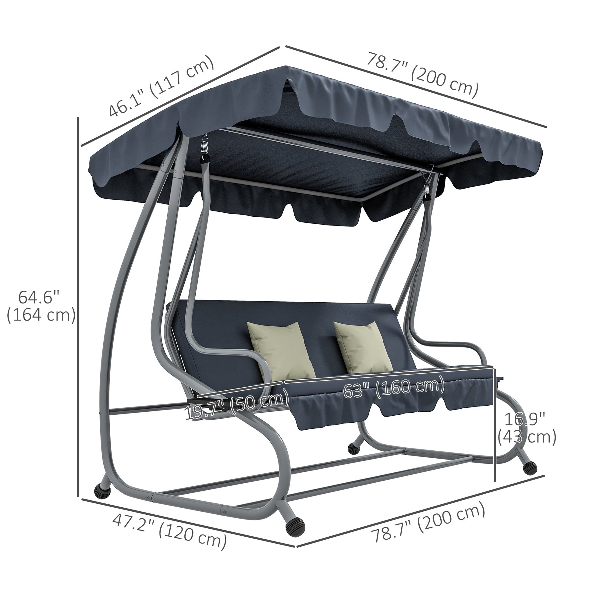 3-Seat Outdoor Patio Swing Chair, Converting Flat Bed, Canopy Swing with Adjustable Shade, Removable Cushions, Cup Holder, Dark Grey