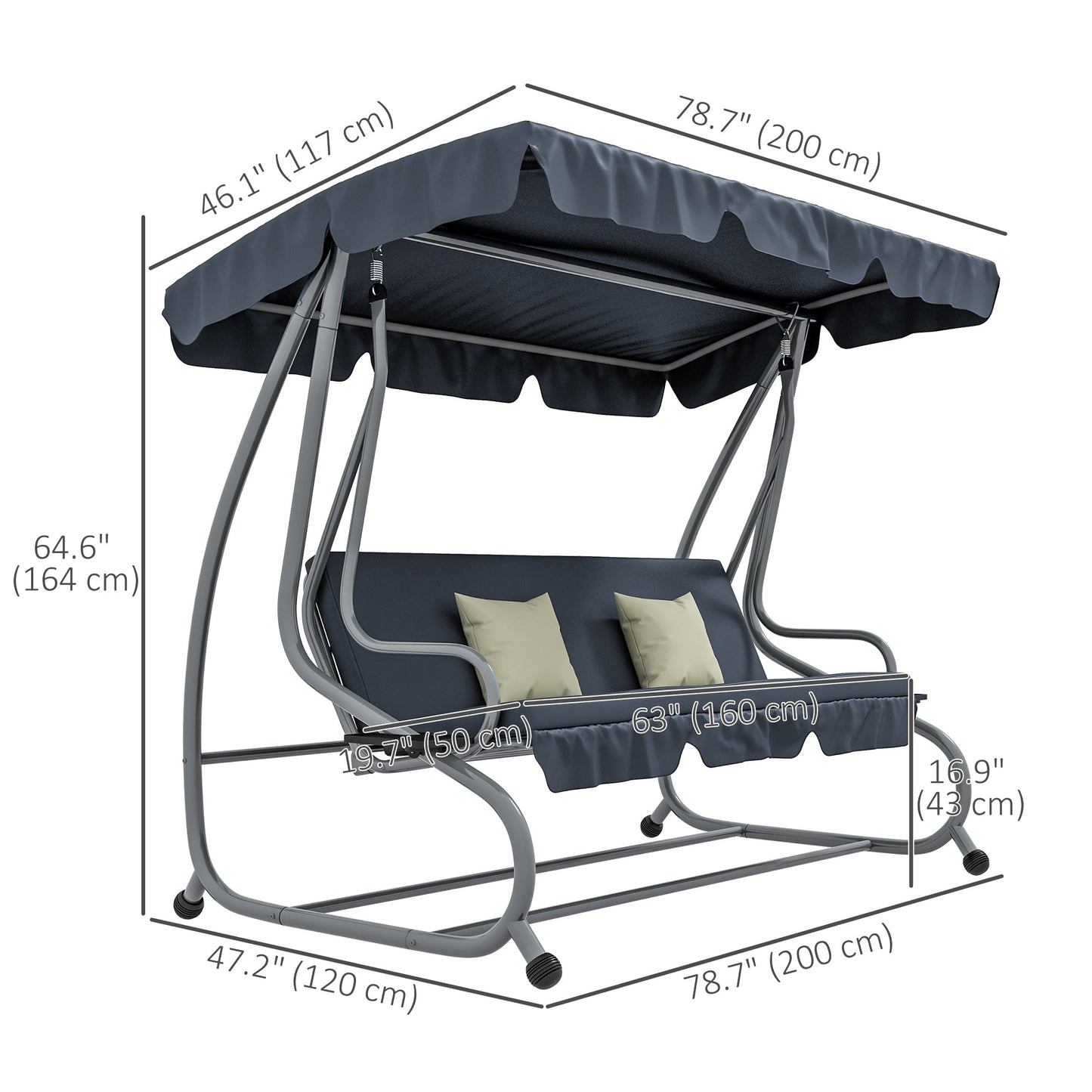 3-Seat Outdoor Patio Swing Chair, Converting Flat Bed, Canopy Swing with Adjustable Shade, Removable Cushions, Cup Holder, Dark Grey