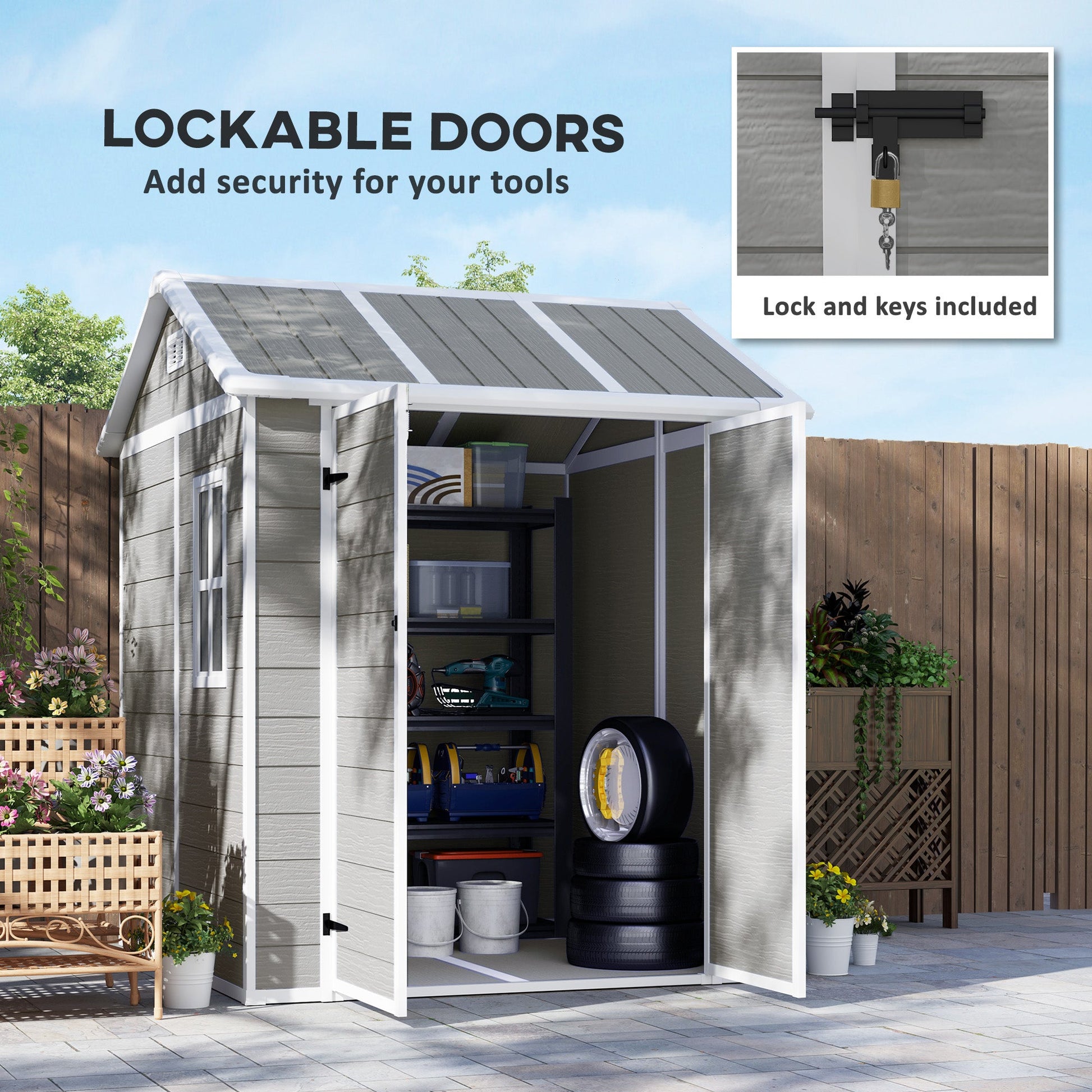 6' x 6' Outdoor Storage Shed, Resin Plastic Shed with Floor, Window, Lockable Doors and Vents, All-Weather Garden Shed for Backyard, Patio, Lawn, Grey