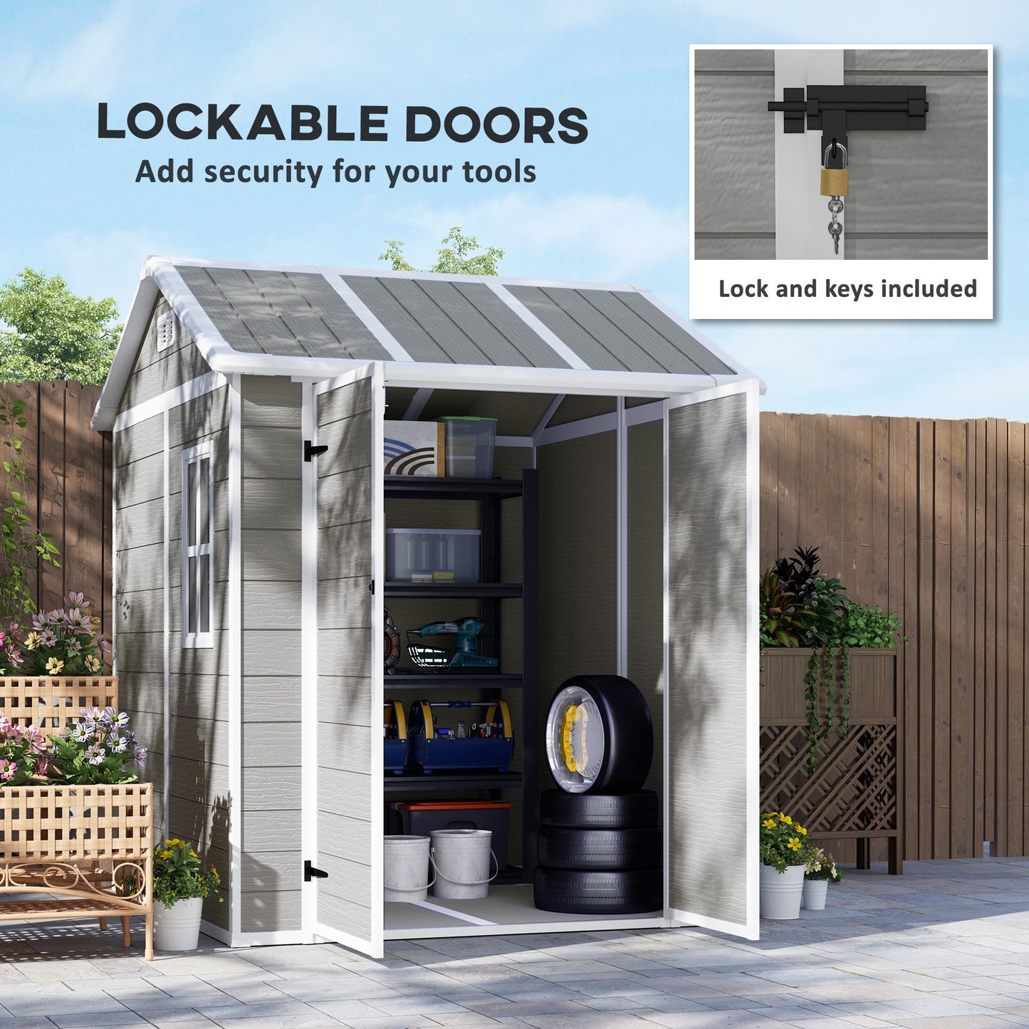 6' x 6' Outdoor Storage Shed, Resin Plastic Shed with Floor, Window, Lockable Doors and Vents, All-Weather Garden Shed for Backyard, Patio, Lawn, Grey