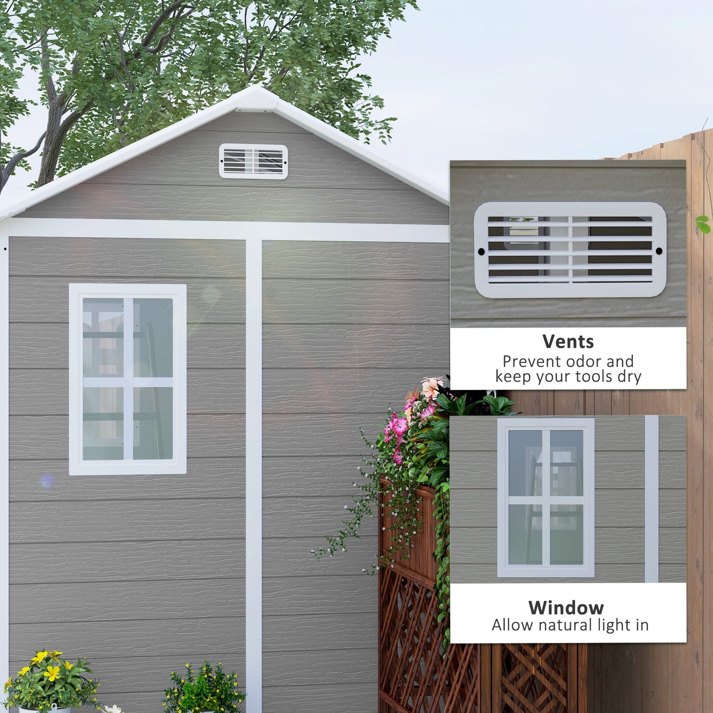 6' x 6' Outdoor Storage Shed, Resin Plastic Shed with Floor, Window, Lockable Doors and Vents, All-Weather Garden Shed for Backyard, Patio, Lawn, Grey
