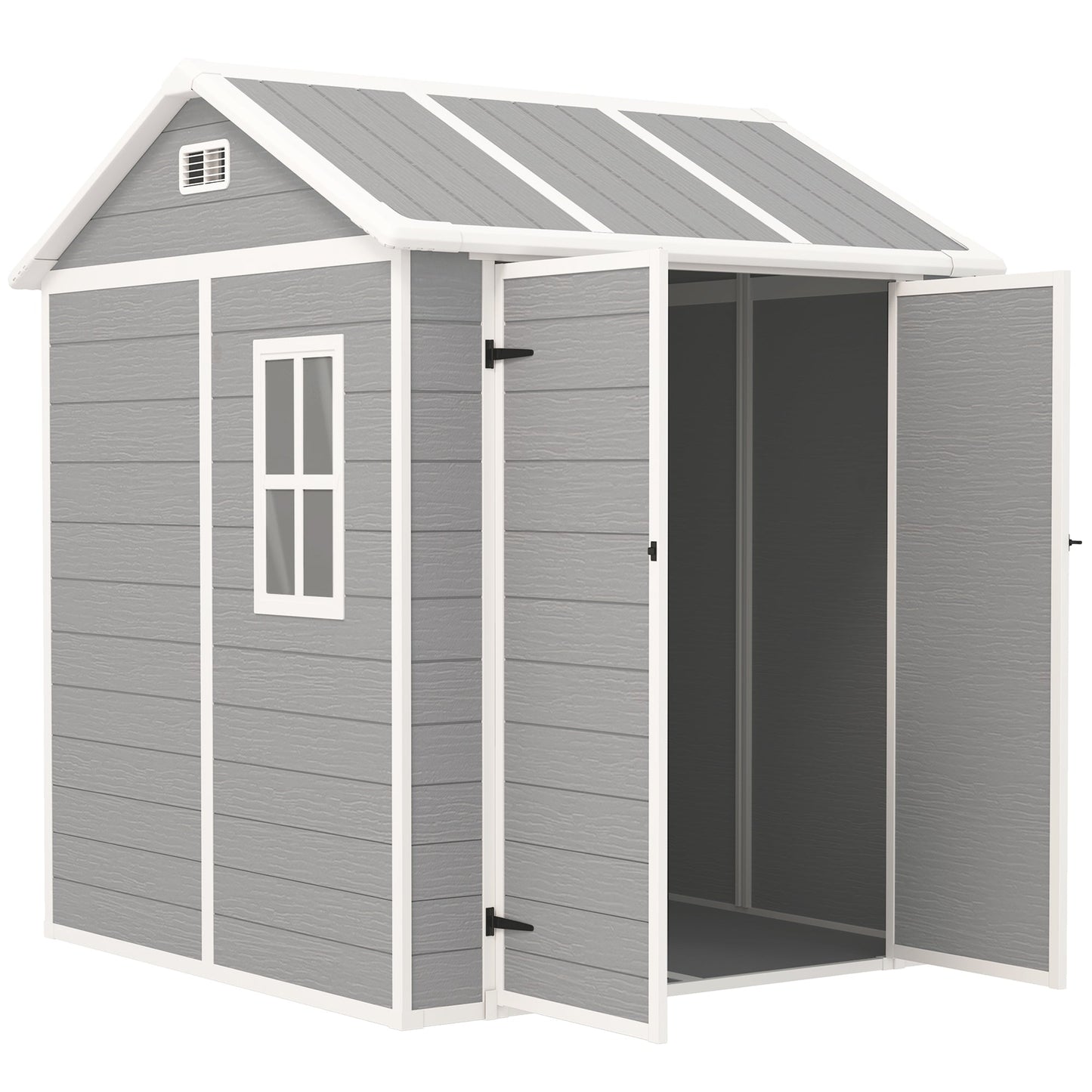 6' x 6' Outdoor Storage Shed, Resin Plastic Shed with Floor, Window, Lockable Doors and Vents, All-Weather Garden Shed for Backyard, Patio, Lawn, Grey