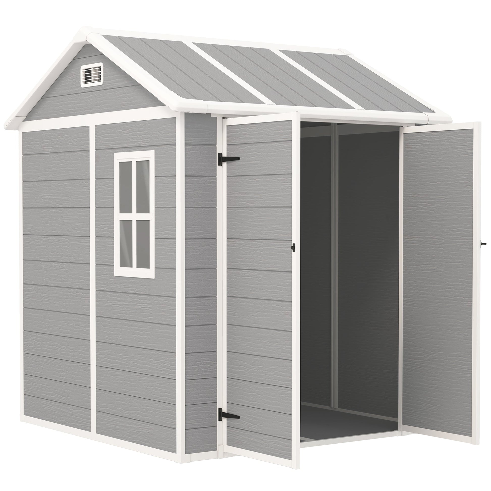 6' x 6' Outdoor Storage Shed, Resin Plastic Shed with Floor, Window, Lockable Doors and Vents, All-Weather Garden Shed for Backyard, Patio, Lawn, Grey