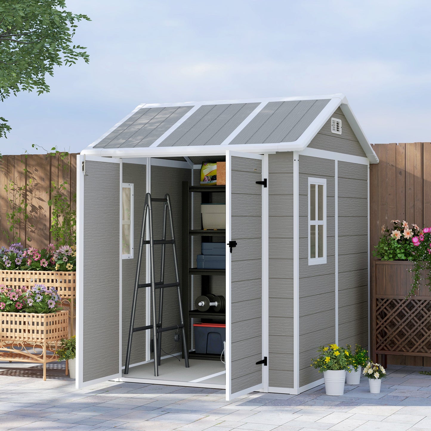 6' x 6' Outdoor Storage Shed, Resin Plastic Shed with Floor, Window, Lockable Doors and Vents, All-Weather Garden Shed for Backyard, Patio, Lawn, Grey