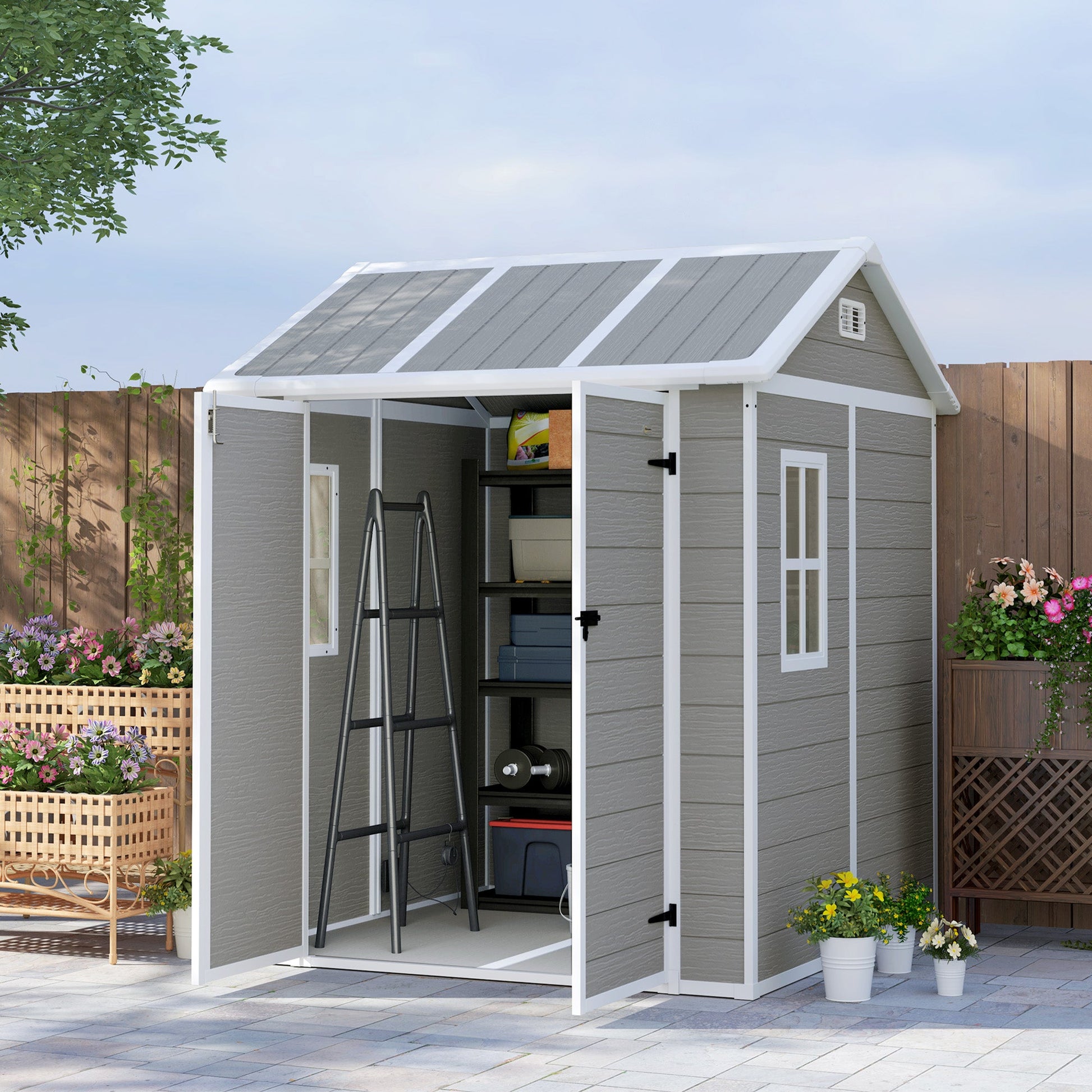 6' x 6' Outdoor Storage Shed, Resin Plastic Shed with Floor, Window, Lockable Doors and Vents, All-Weather Garden Shed for Backyard, Patio, Lawn, Grey