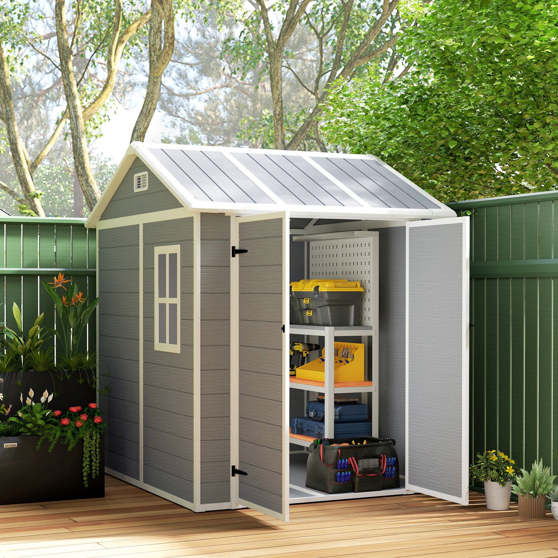 6' x 6' Outdoor Storage Shed, Resin Plastic Shed with Floor, Window, Lockable Doors and Vents, All-Weather Garden Shed for Backyard, Patio, Lawn, Grey