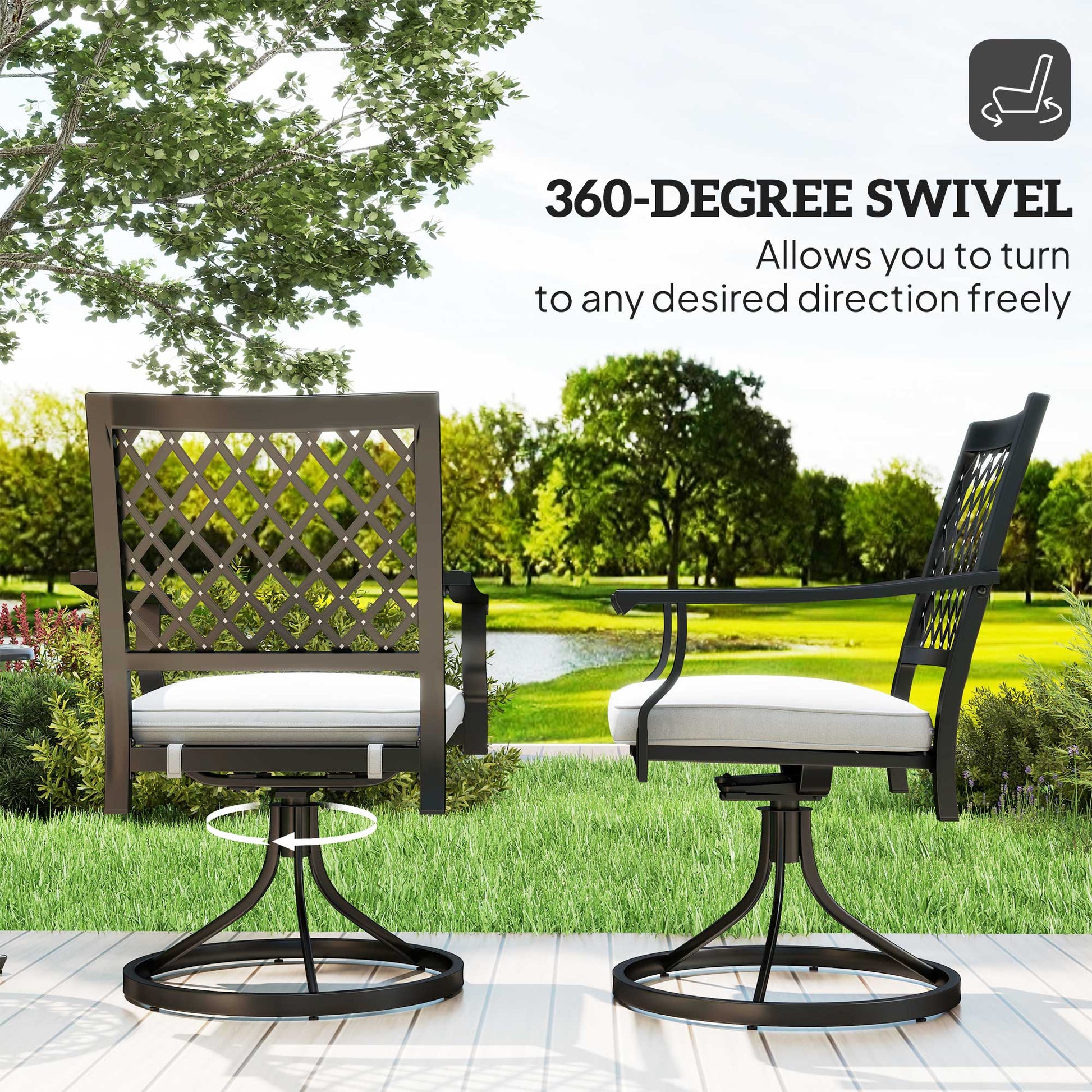 Swivel Patio Chairs Set of 2, Metal Swivel Rocker Chairs with Cushion and Armrests, Outdoor Swivel Chairs for Backyard, Garden, Patio