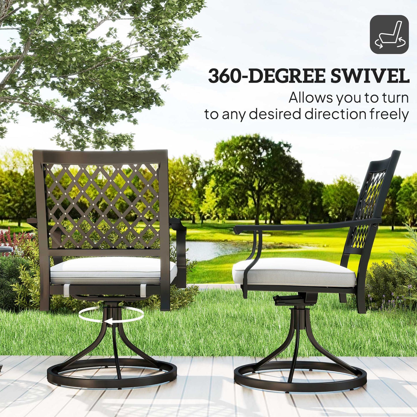 Swivel Patio Chairs Set of 2, Metal Swivel Rocker Chairs with Cushion and Armrests, Outdoor Swivel Chairs for Backyard, Garden, Patio