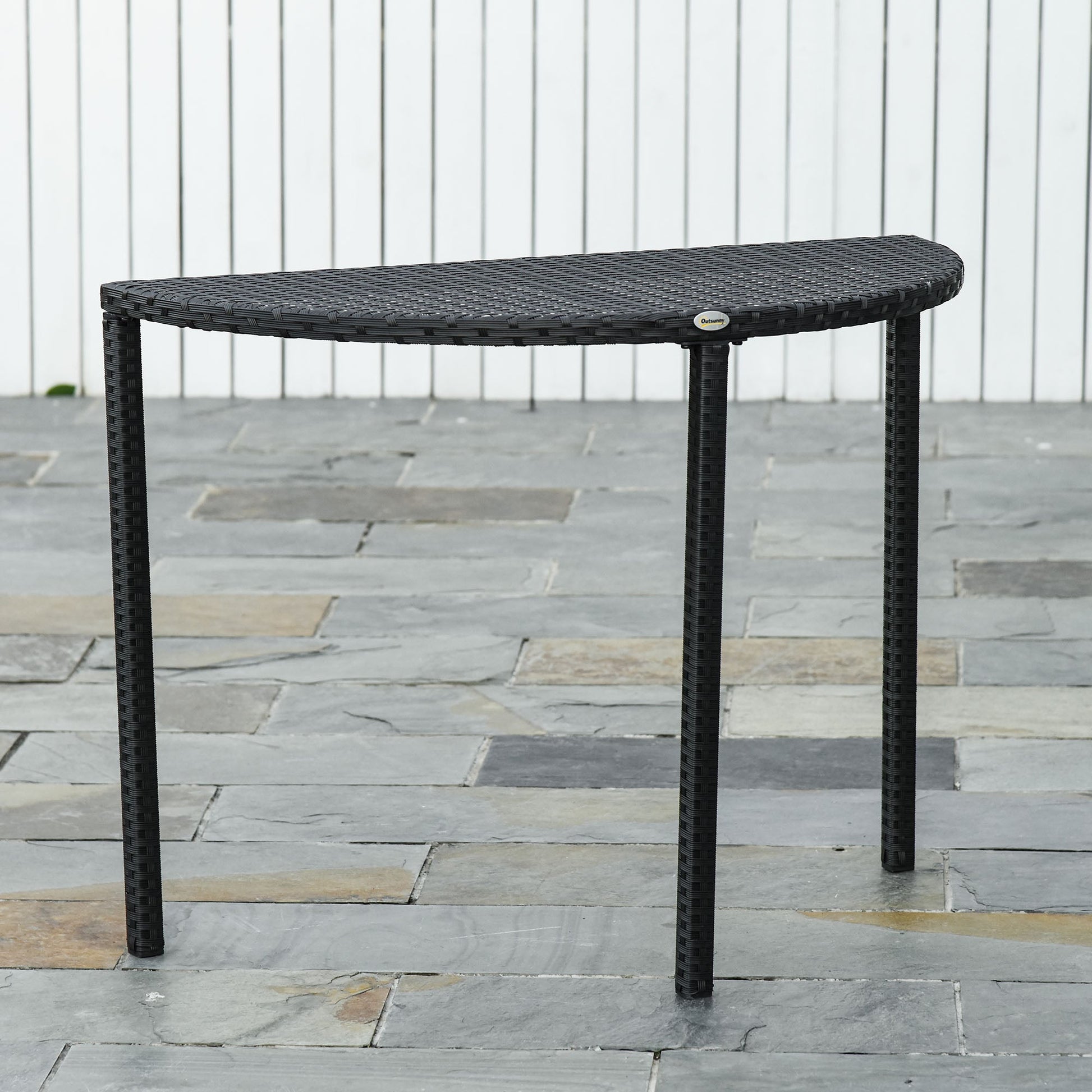 Half Round Side Table, PE Rattan Narrow Coffee Table with Metal Frame for Patio, Garden, Balcony, 39.4" x 19.7" x 29.1", Black