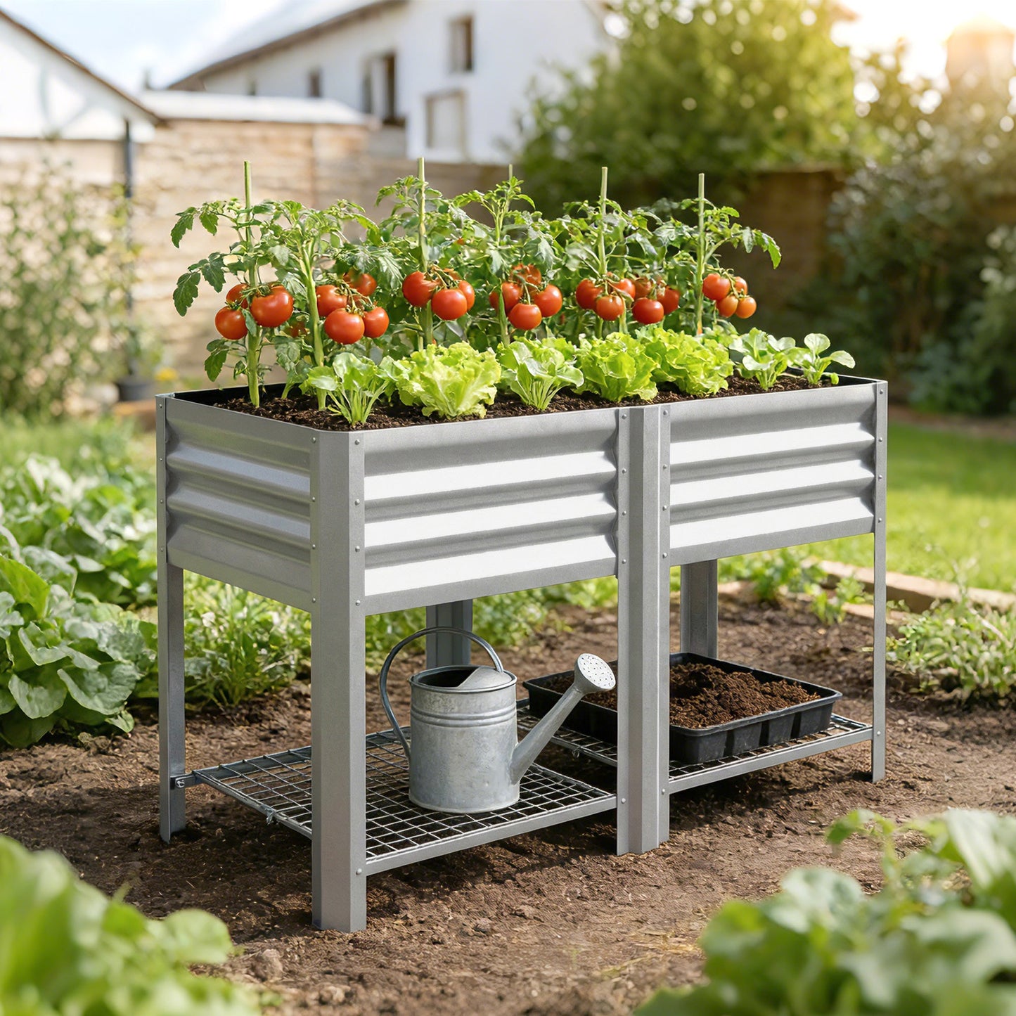 Galvanized Steel Raised Garden Bed, Elevated Planter Box with Legs and Storage Shelf, Raised Planter for Vegetables, Flowers, Herbs, for Outdoor, Patio, Yard, Silver