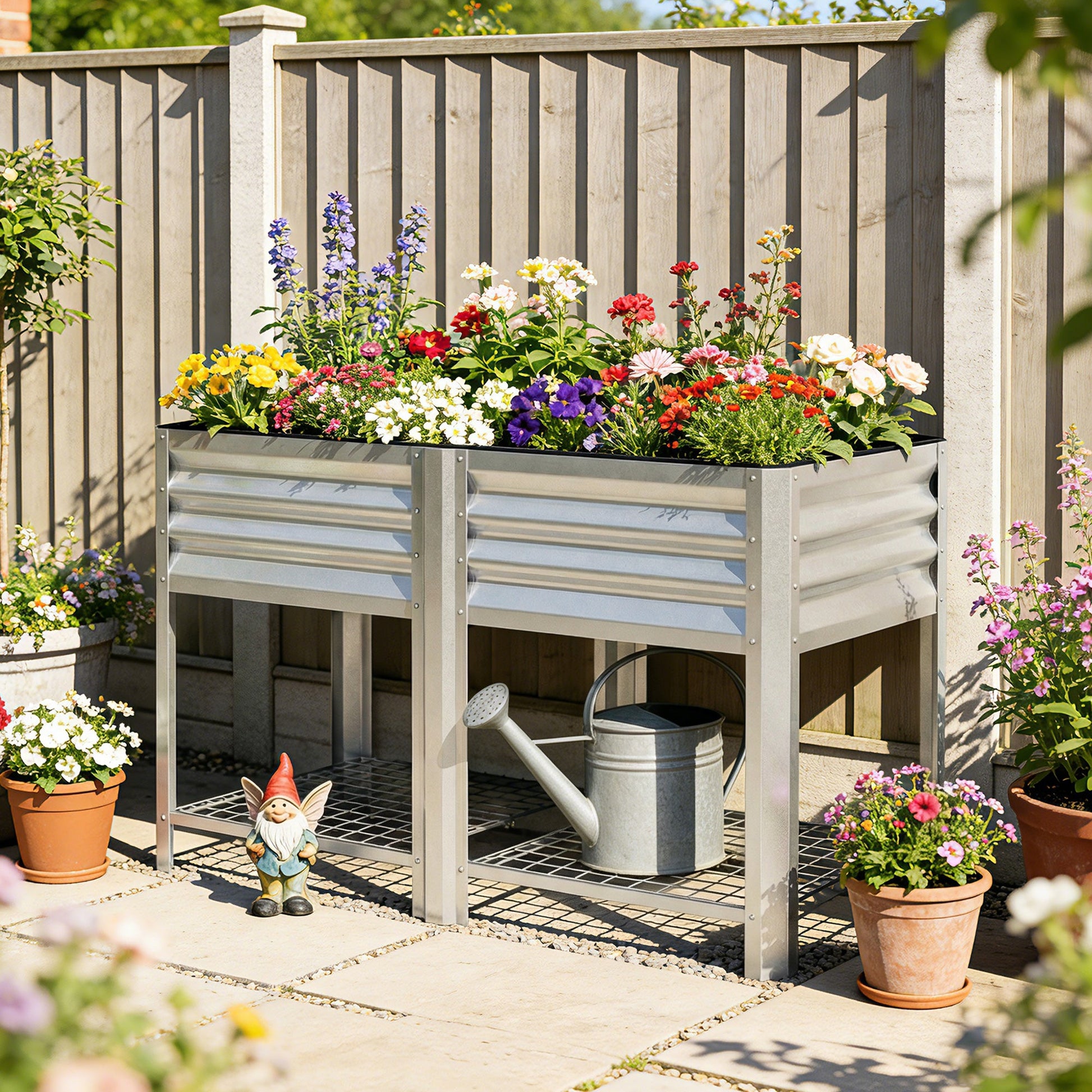 Galvanized Steel Raised Garden Bed, Elevated Planter Box with Legs and Storage Shelf, Raised Planter for Vegetables, Flowers, Herbs, for Outdoor, Patio, Yard, Silver