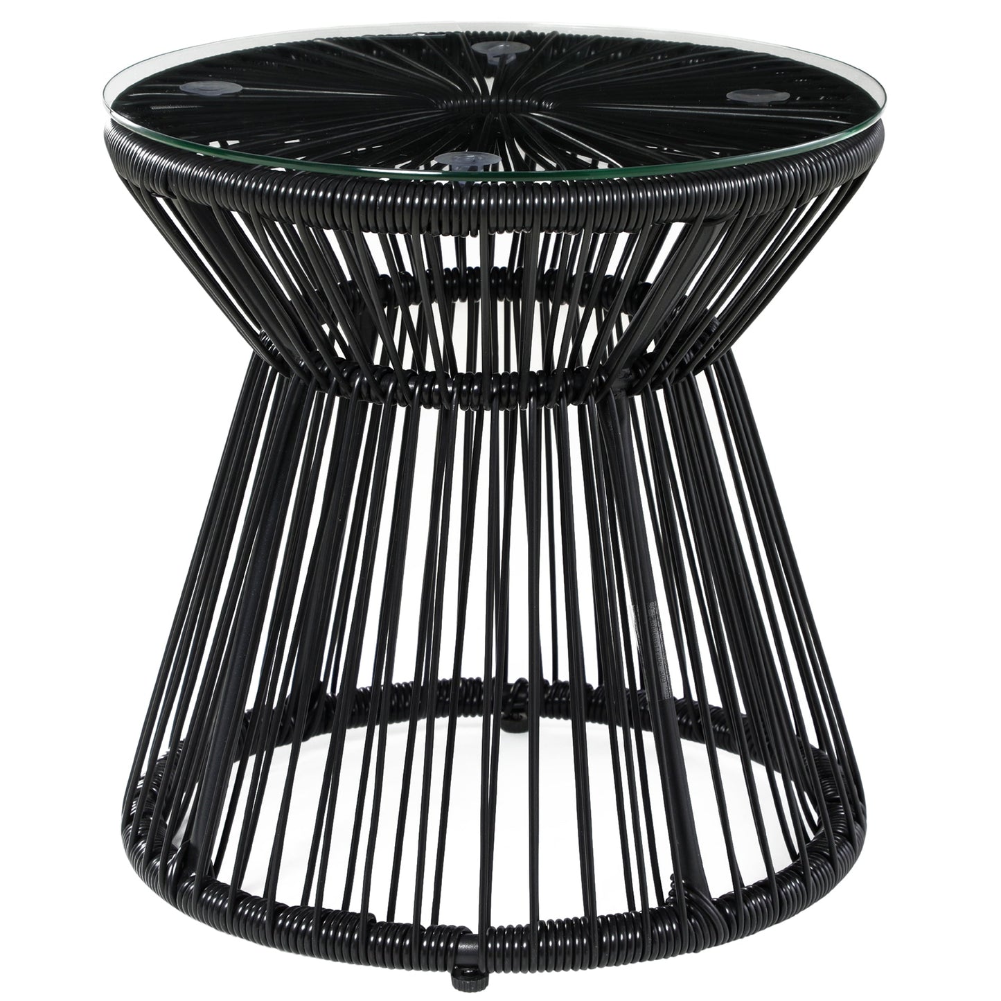 Freestanding End Table, Round Hollow Drum Design Side Table with Round PE Rattan and Tempered Glass Tabletop for Patio, Garden, Balcony, Black