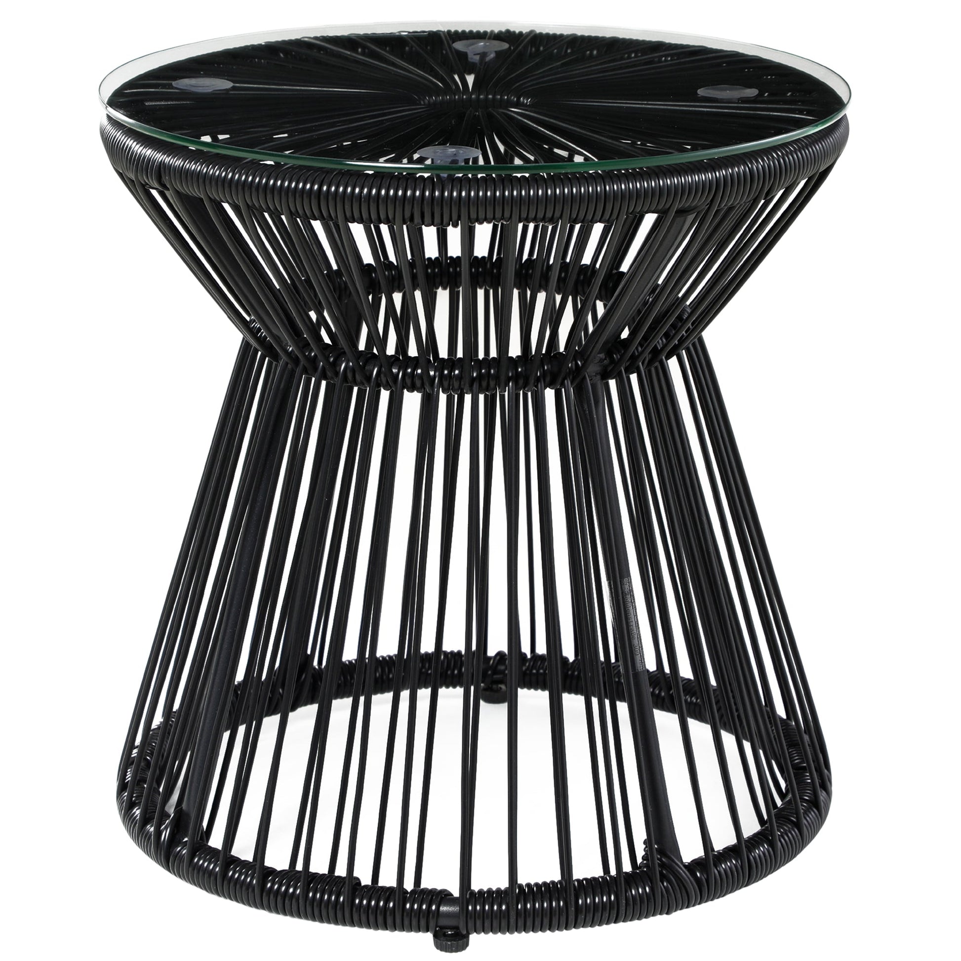 Freestanding End Table, Round Hollow Drum Design Side Table with Round PE Rattan and Tempered Glass Tabletop for Patio, Garden, Balcony, Black