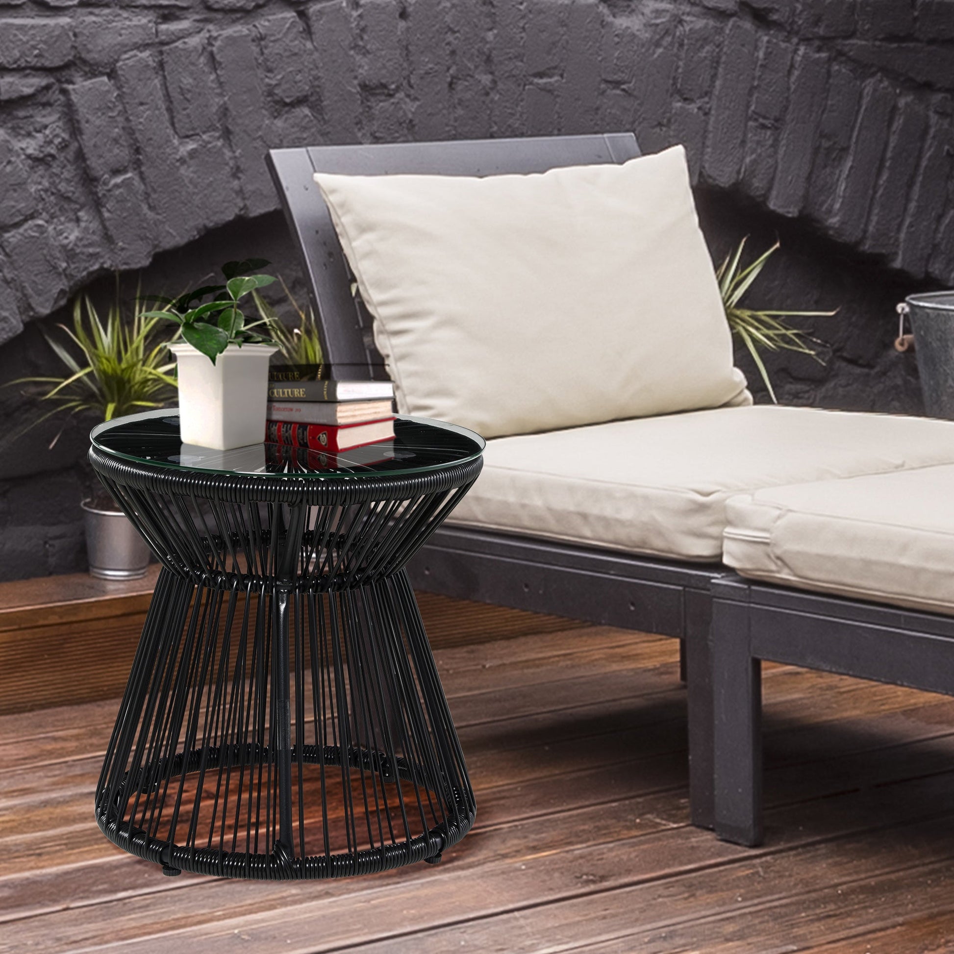 Freestanding End Table, Round Hollow Drum Design Side Table with Round PE Rattan and Tempered Glass Tabletop for Patio, Garden, Balcony, Black