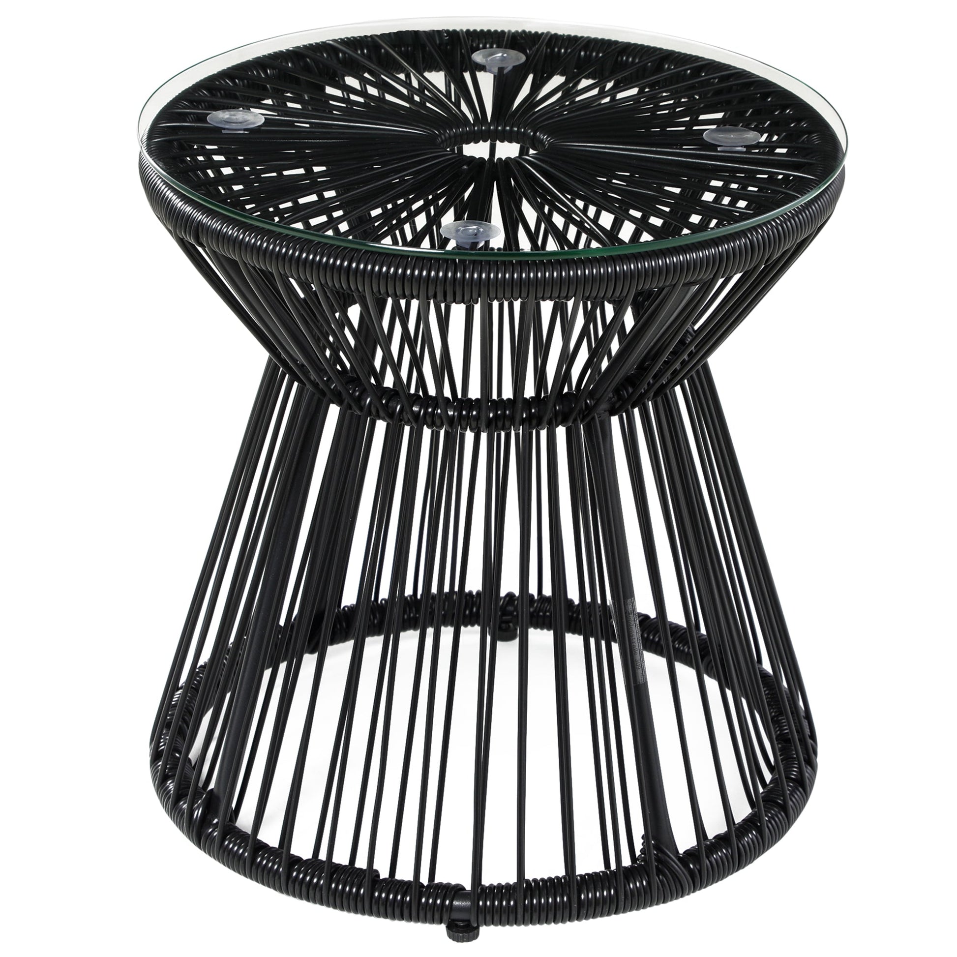 Freestanding End Table, Round Hollow Drum Design Side Table with Round PE Rattan and Tempered Glass Tabletop for Patio, Garden, Balcony, Black