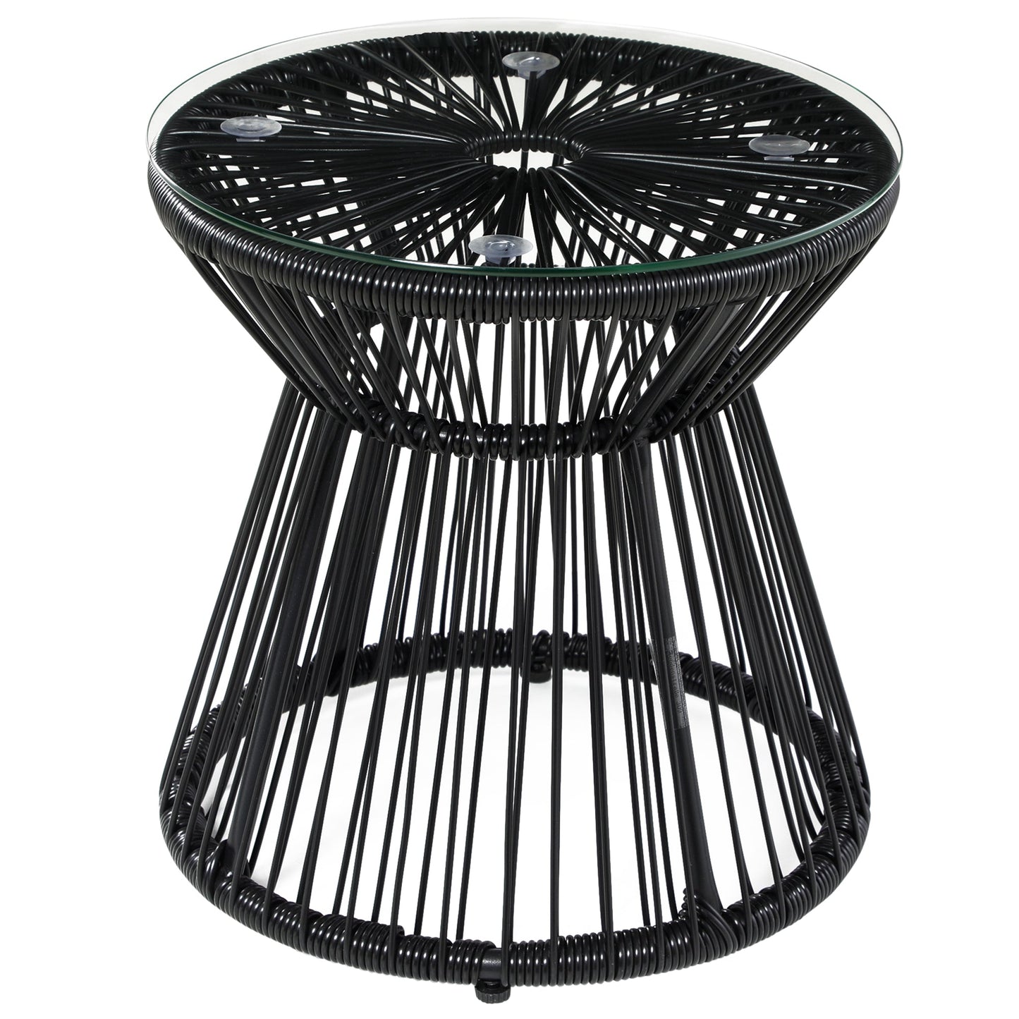 Freestanding End Table, Round Hollow Drum Design Side Table with Round PE Rattan and Tempered Glass Tabletop for Patio, Garden, Balcony, Black