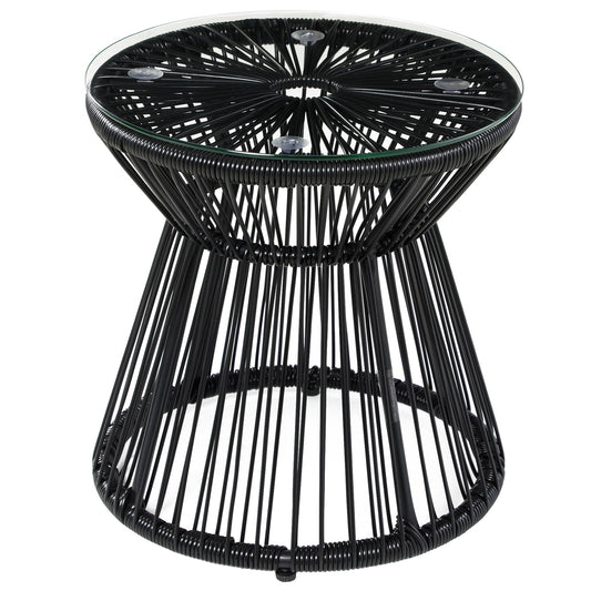 Freestanding End Table, Round Hollow Drum Design Side Table with Round PE Rattan and Tempered Glass Tabletop for Patio, Garden, Balcony, Black